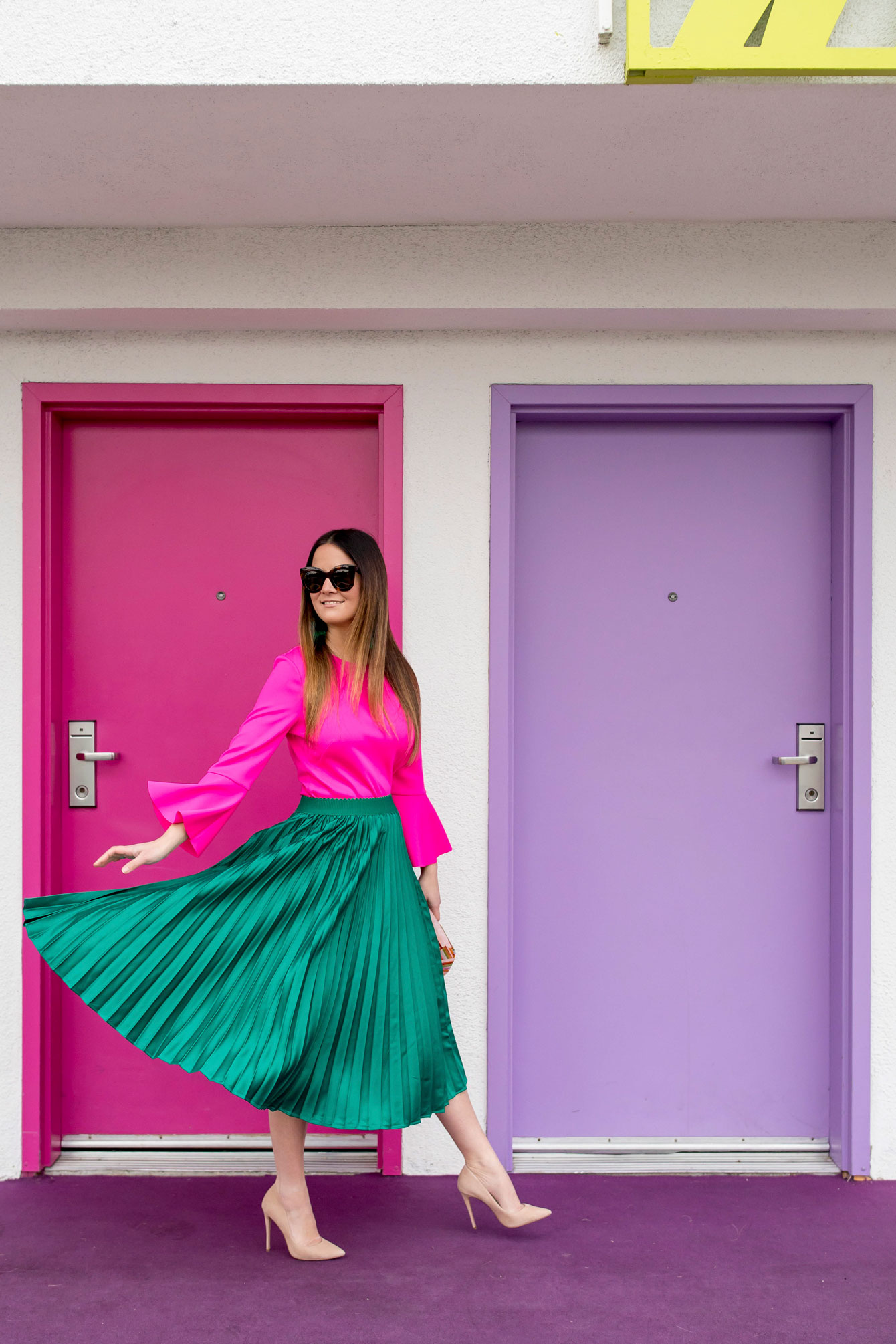 Green Satin Pleated Skirt