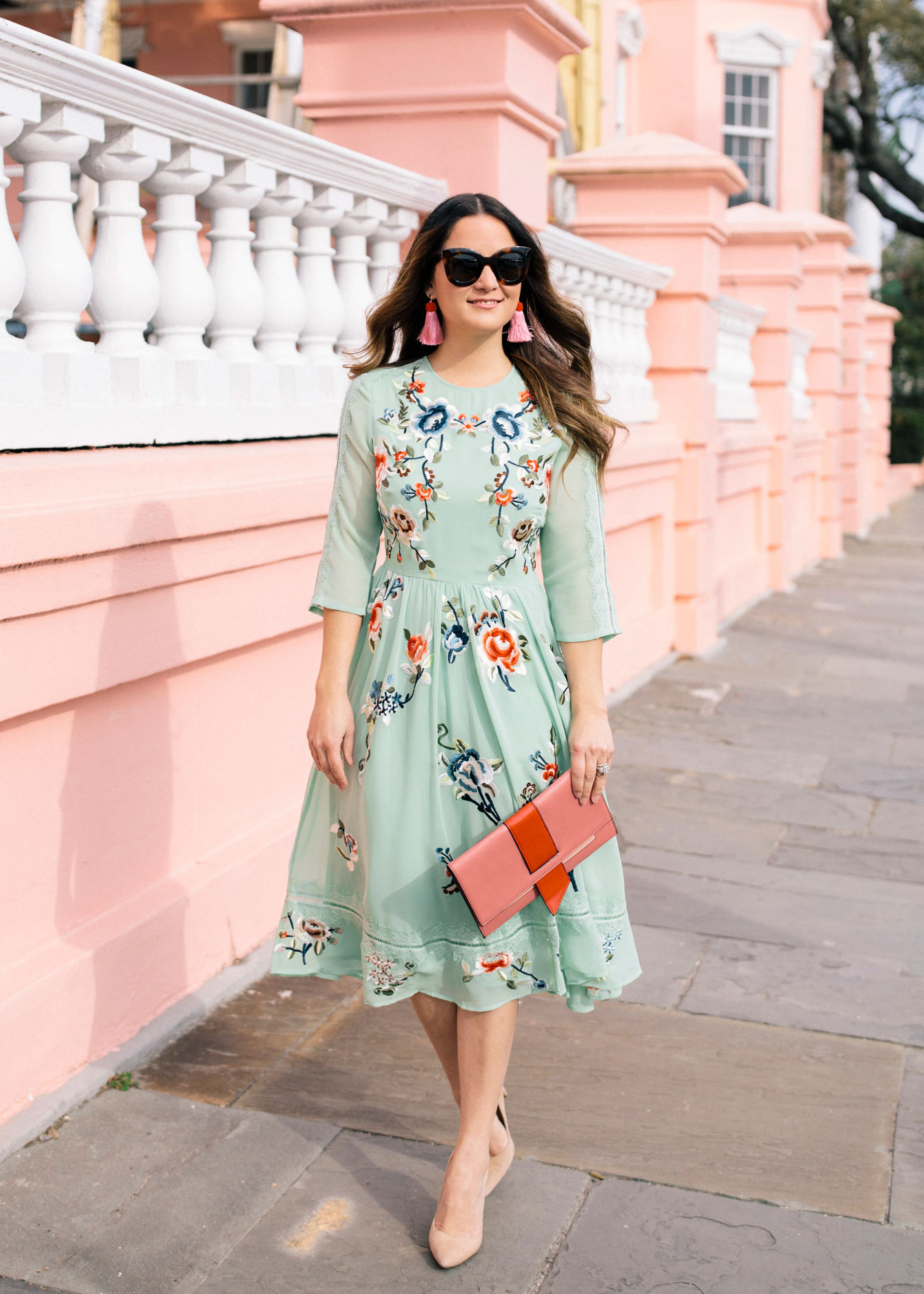 Green Floral Embroidered Midi Dress in Charleston