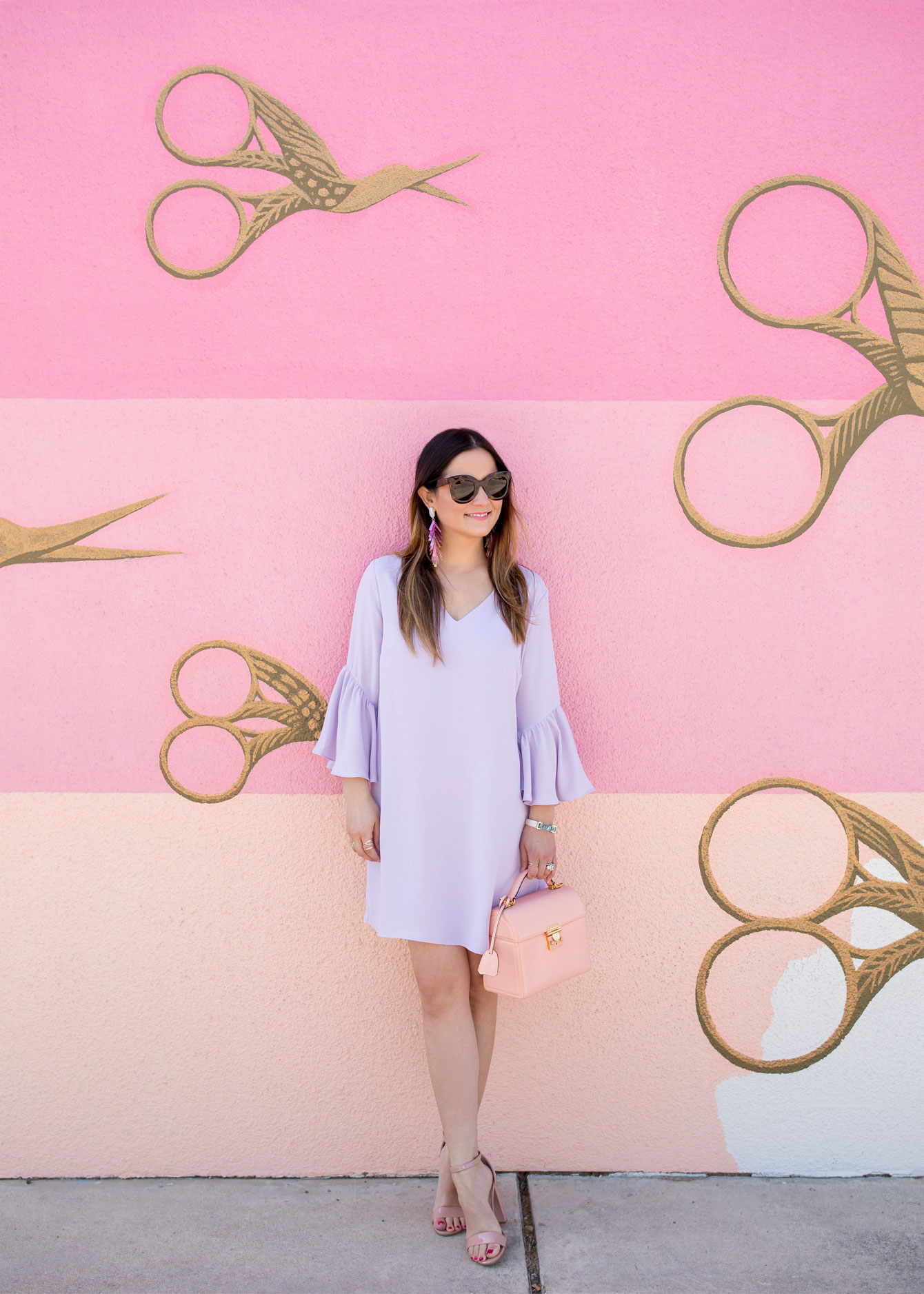 Lilac Bell Sleeve Shift Dress and Mark Cross Sara Bag in Austin