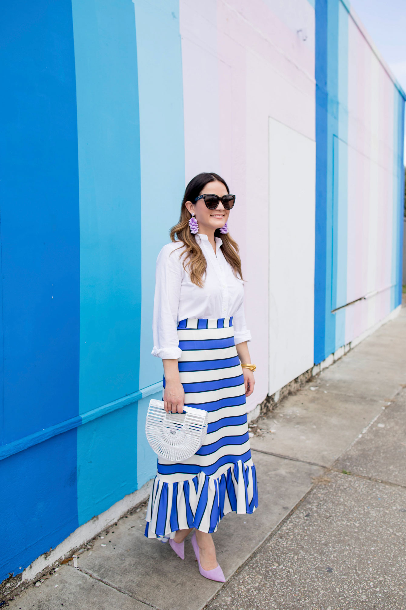 Blue Stripe Ruffle Midi Skirt