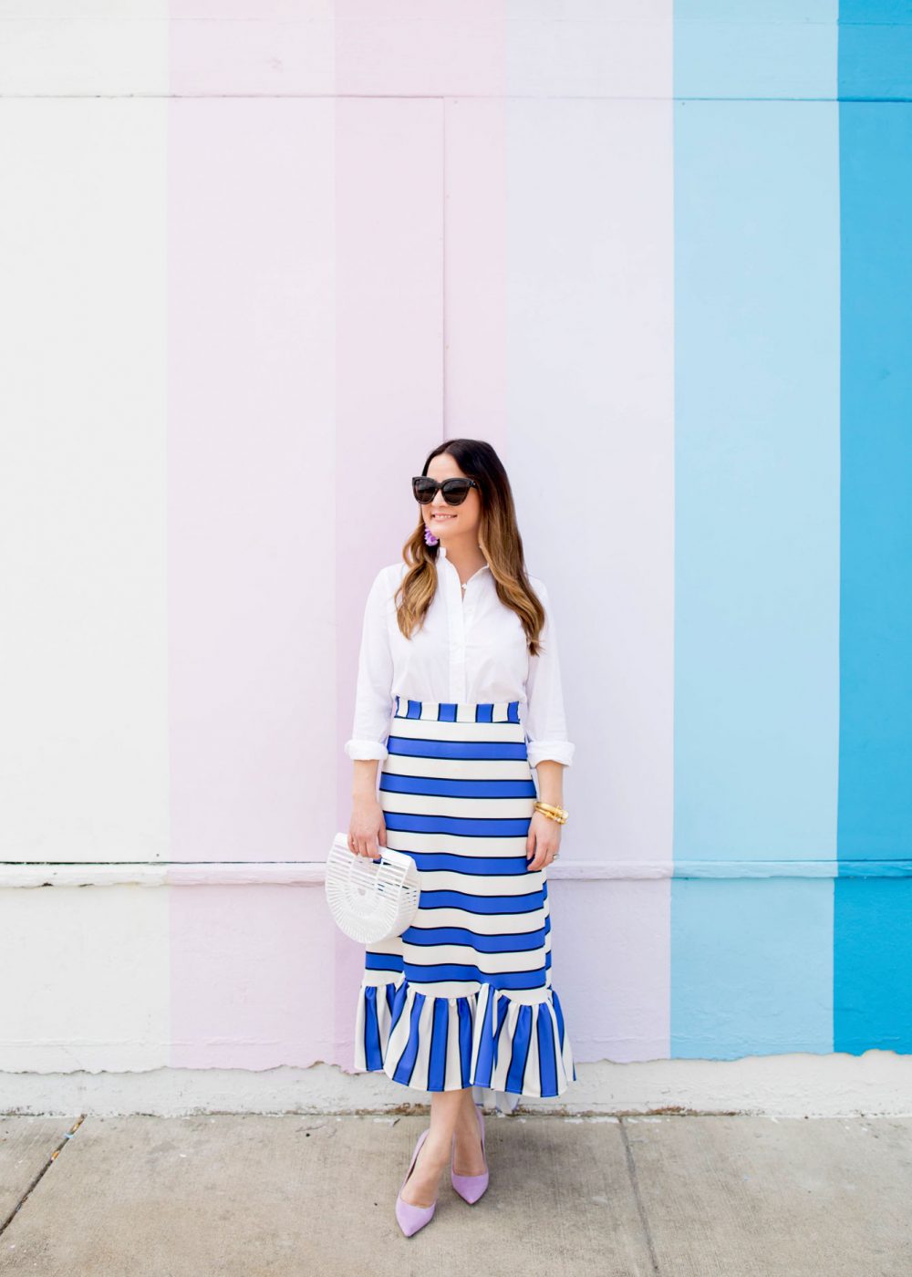Blue Stripe Ruffle Trim Skirt
