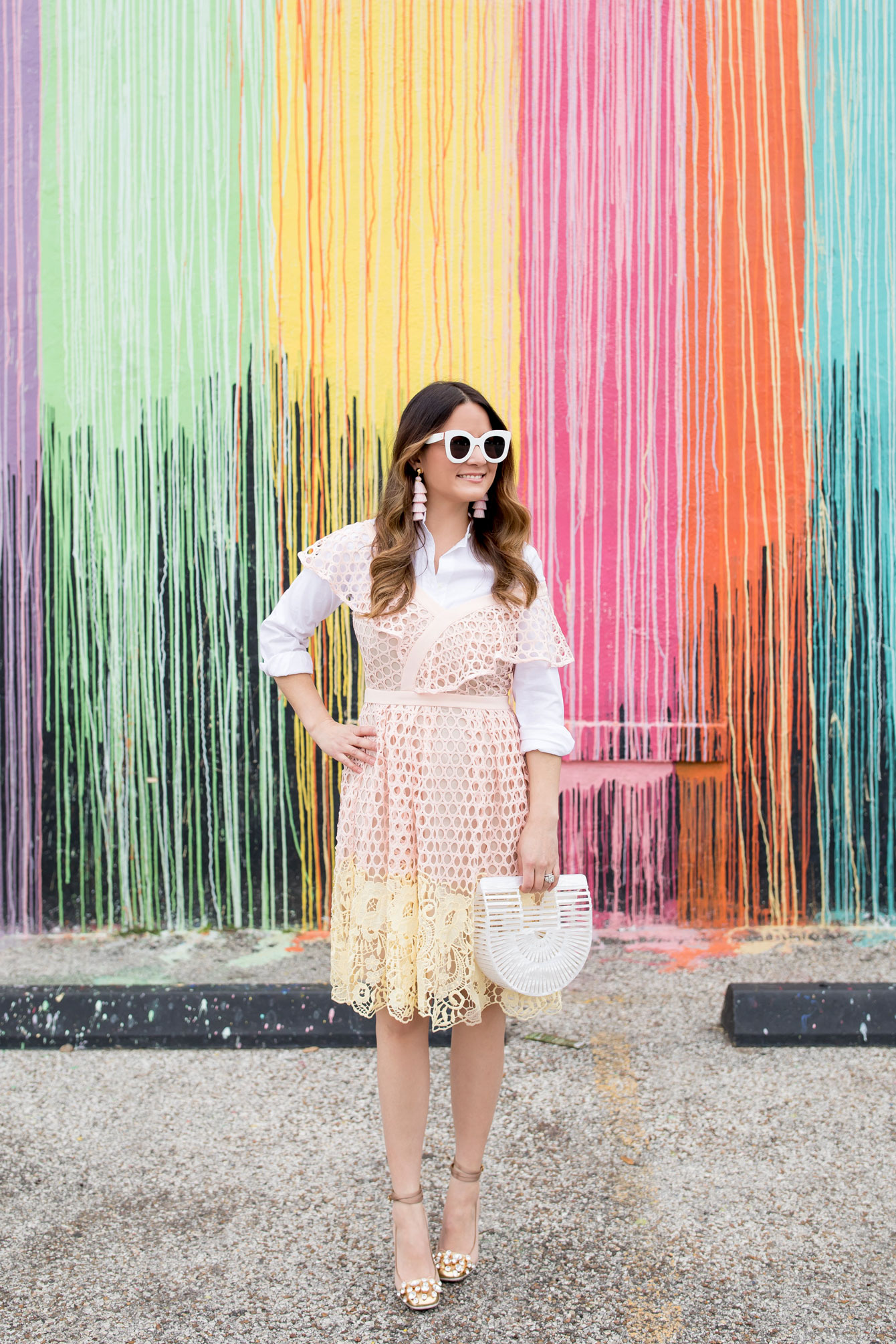 Jennifer Lake Pink and Yellow Ruffle Lace Dress