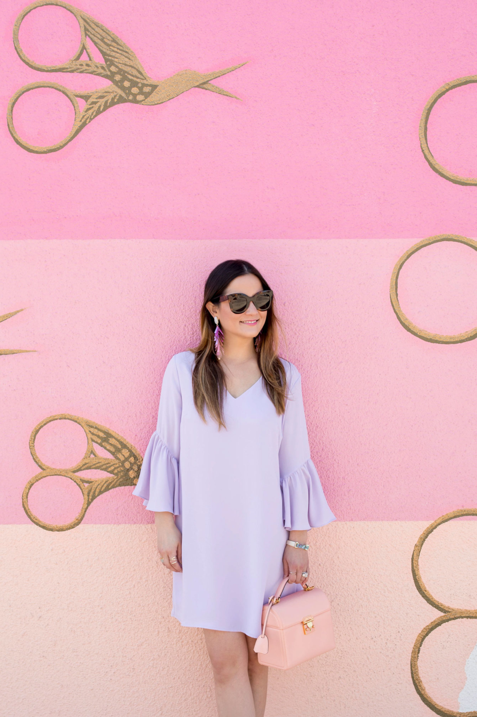 Lilac Bell Sleeve Shift Dress and Mark Cross Sara Bag in Austin