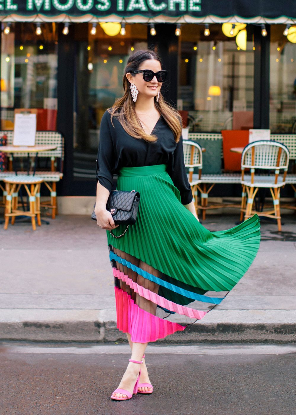 Milly Green Pink Pleated Maxi Skirt