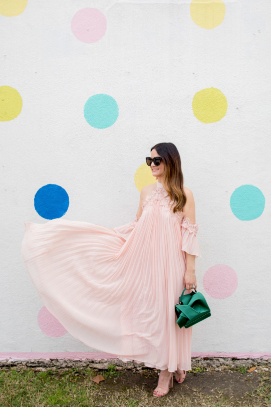 How to Style a Pink Pleated Cold Shoulder Maxi Dress