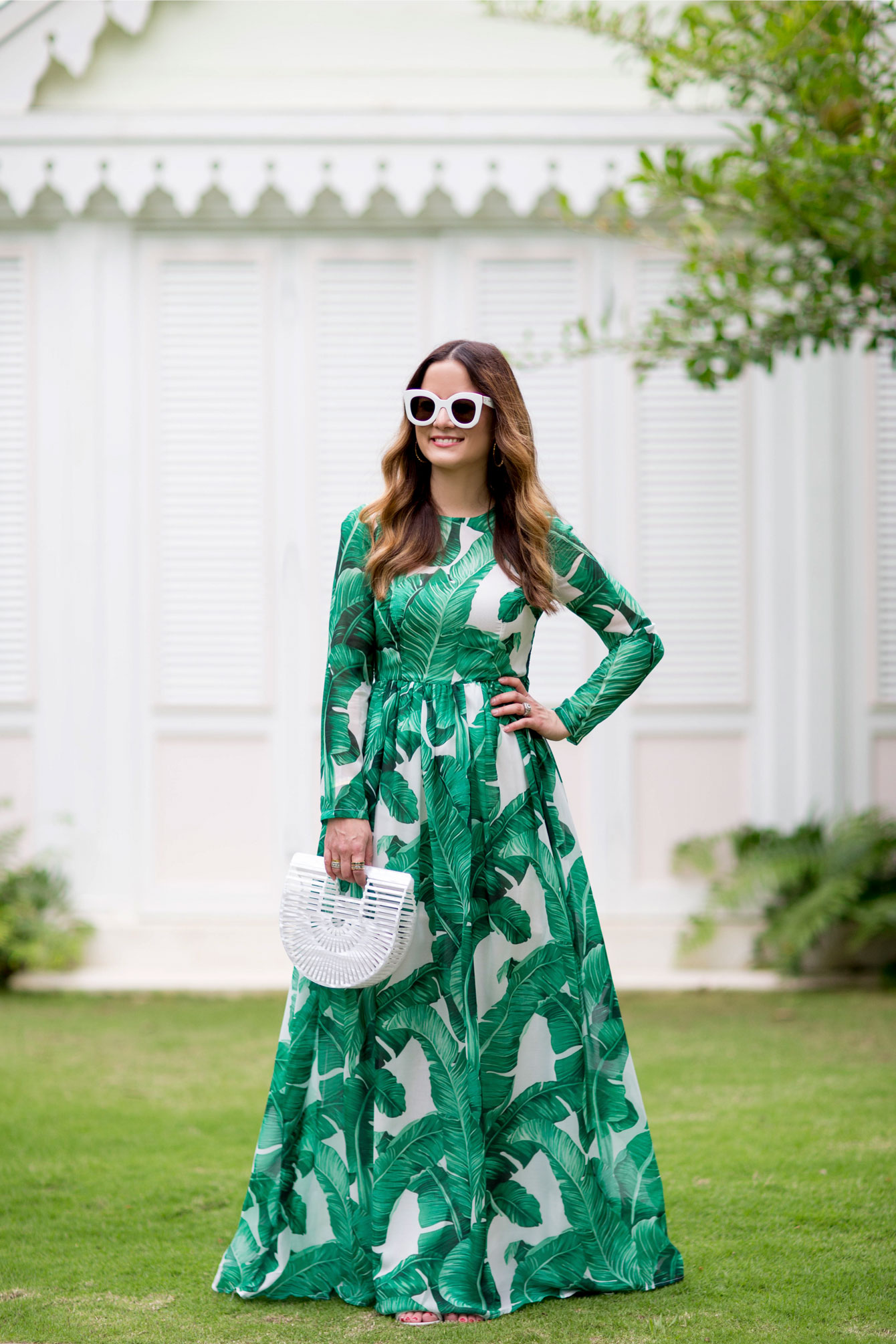 Palm Print Long Sleeve Maxi Dress