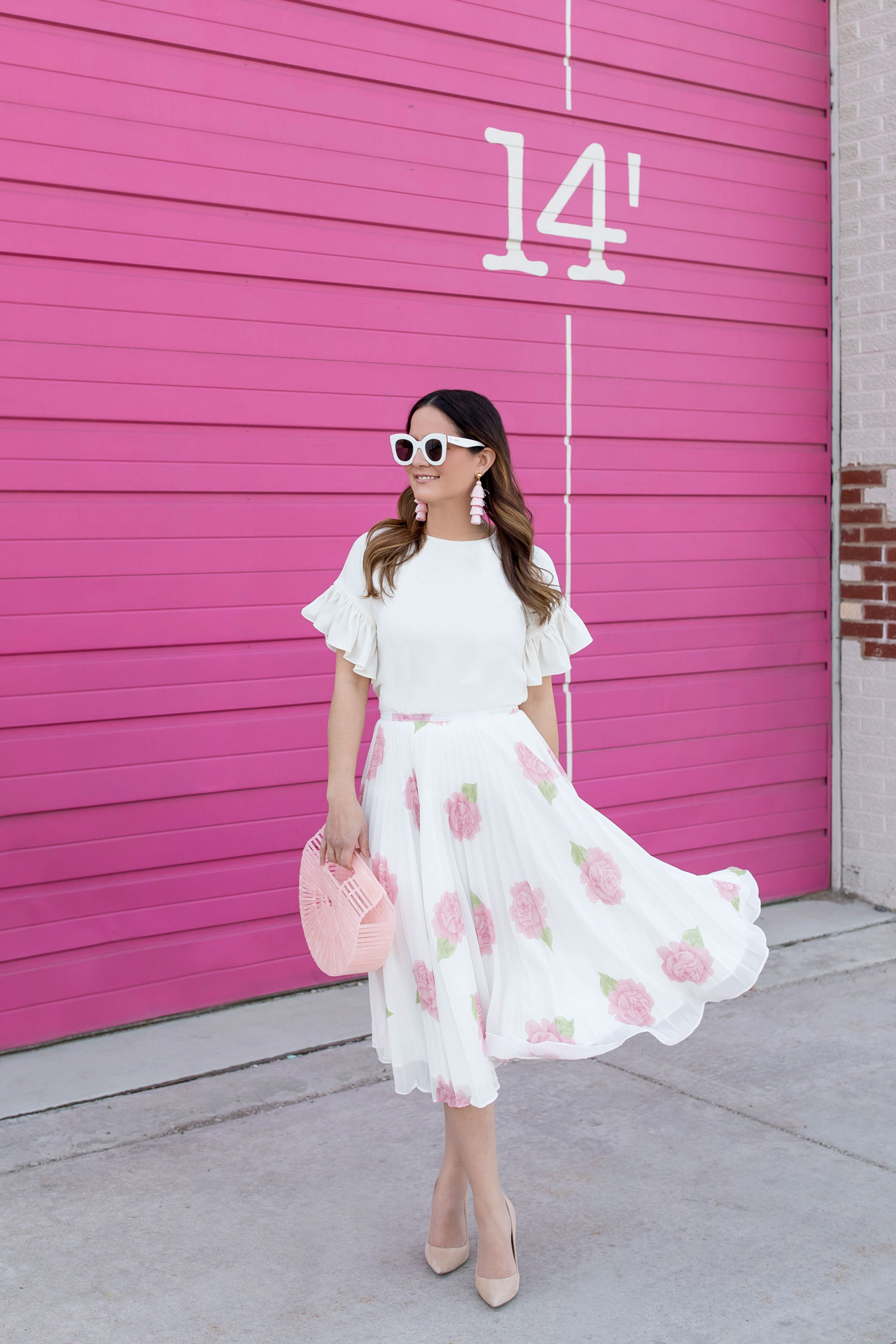 White Pink Floral Pleated Midi Skirt