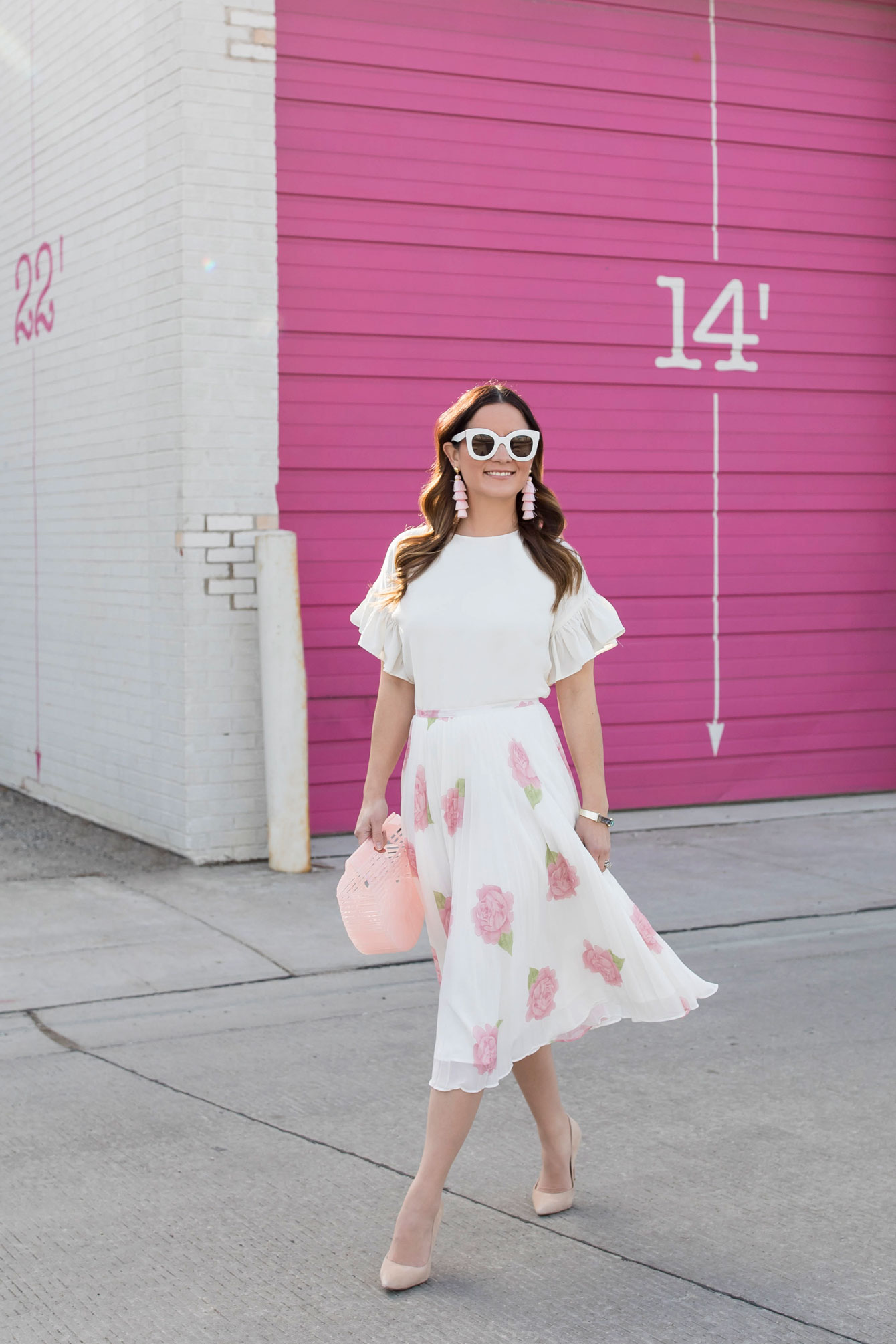 White Pink Pleated Midi Skirt