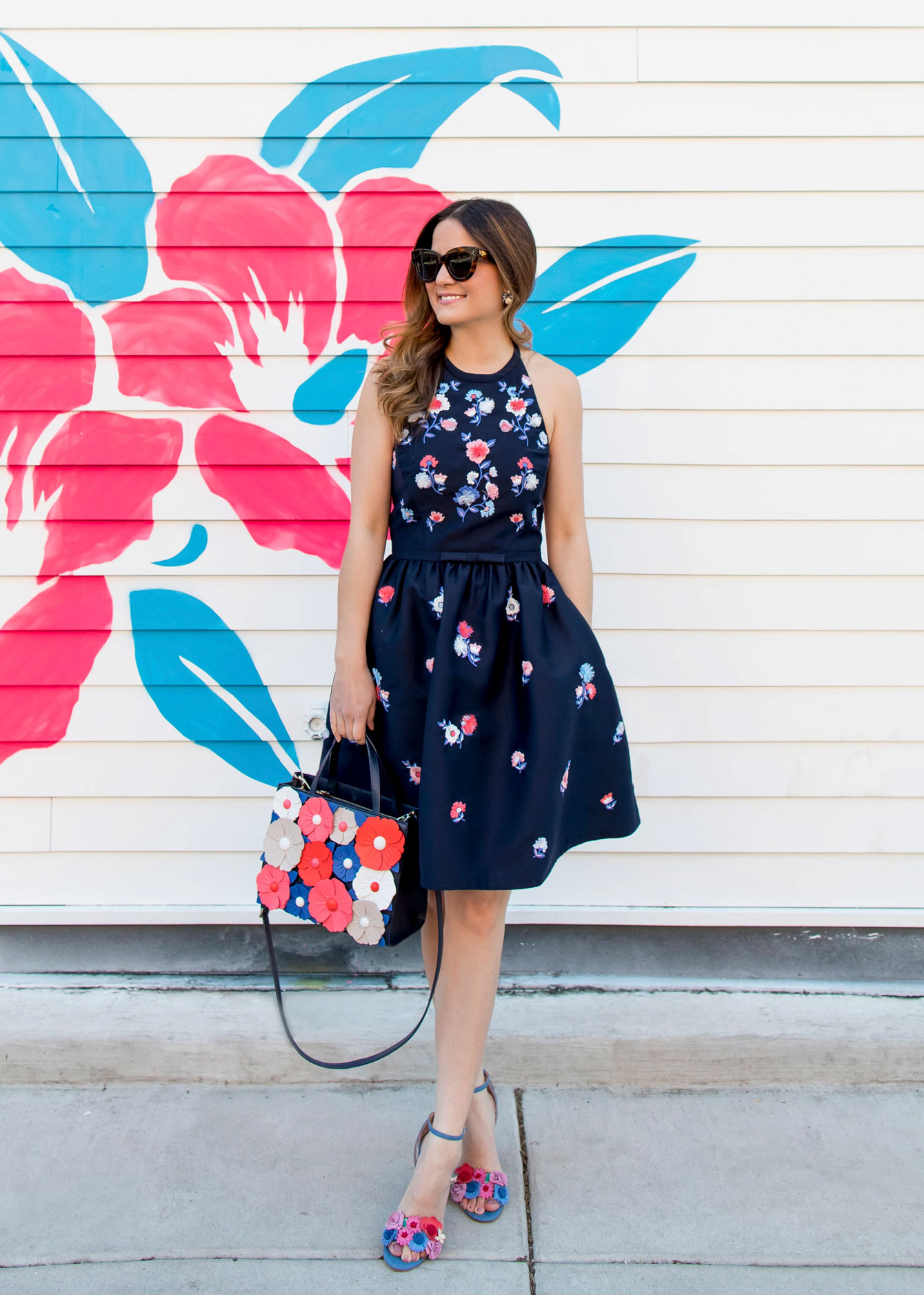 Kate Spade Navy Floral Embroidered Fit Flare Dress and Sam Bag