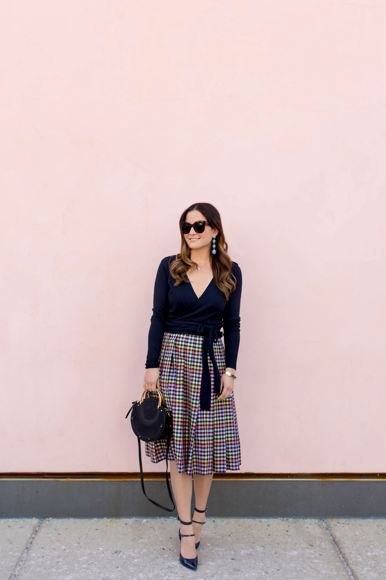 1901 Navy Check Pleated Midi Skirt