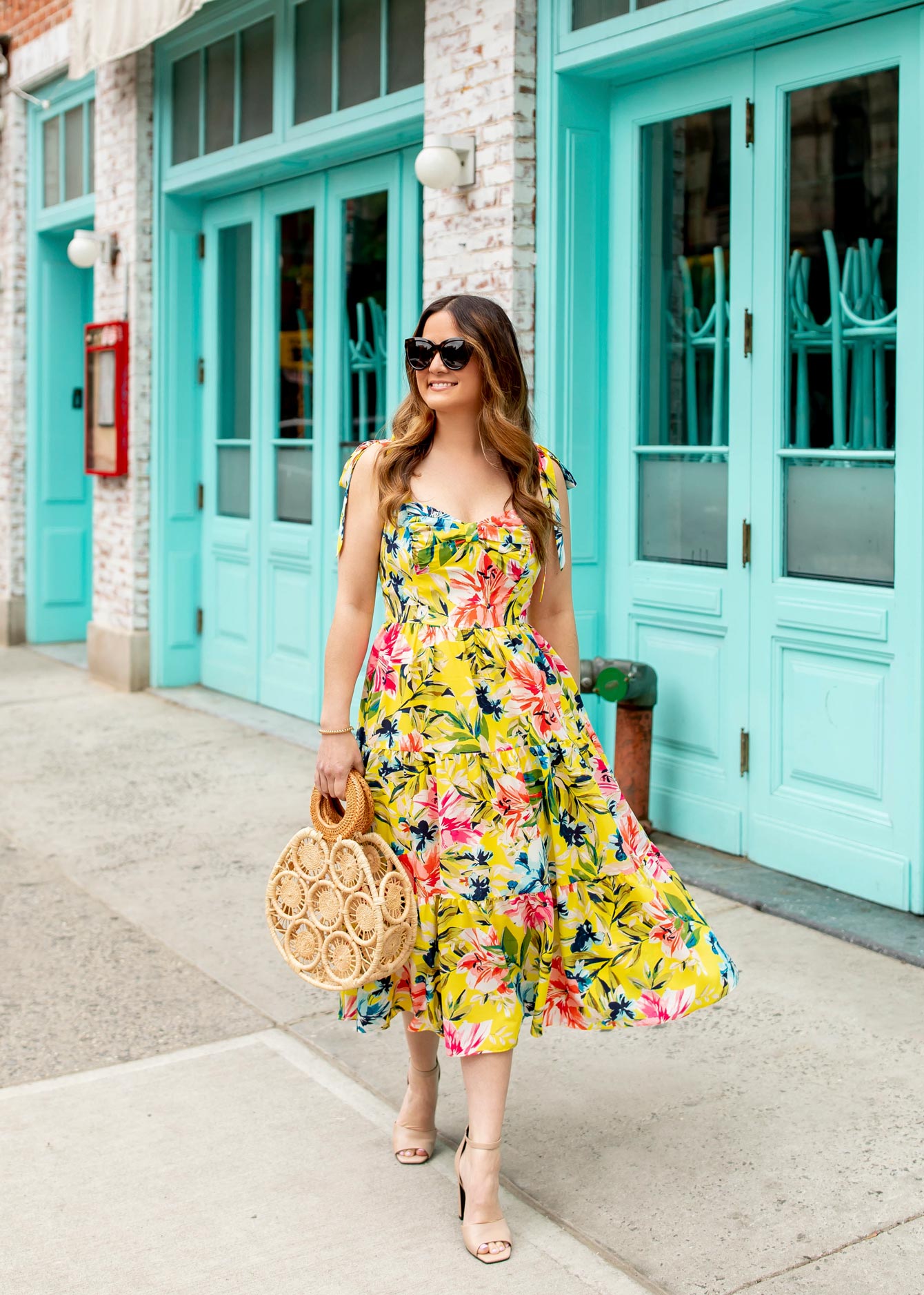 Eliza J Yellow Floral Midi Dress in New York City - Style Charade