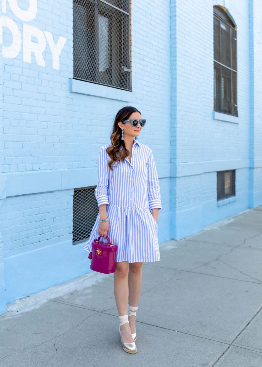 Light Blue Stripe Drop Waist Shirt Dress