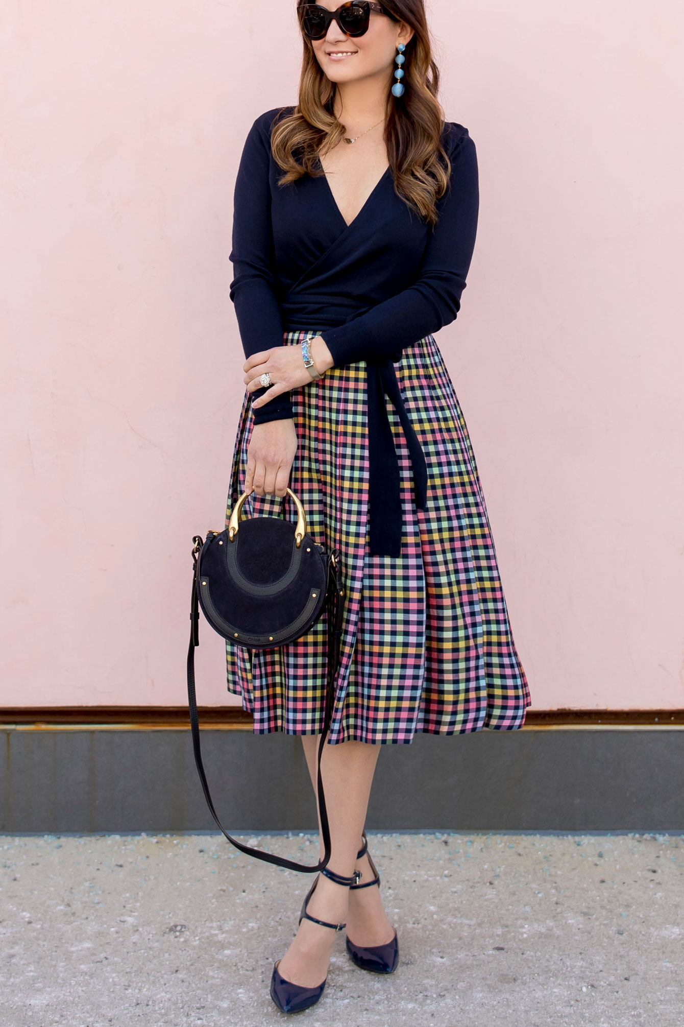 Nordstrom Navy Check Pleated Midi Skirt