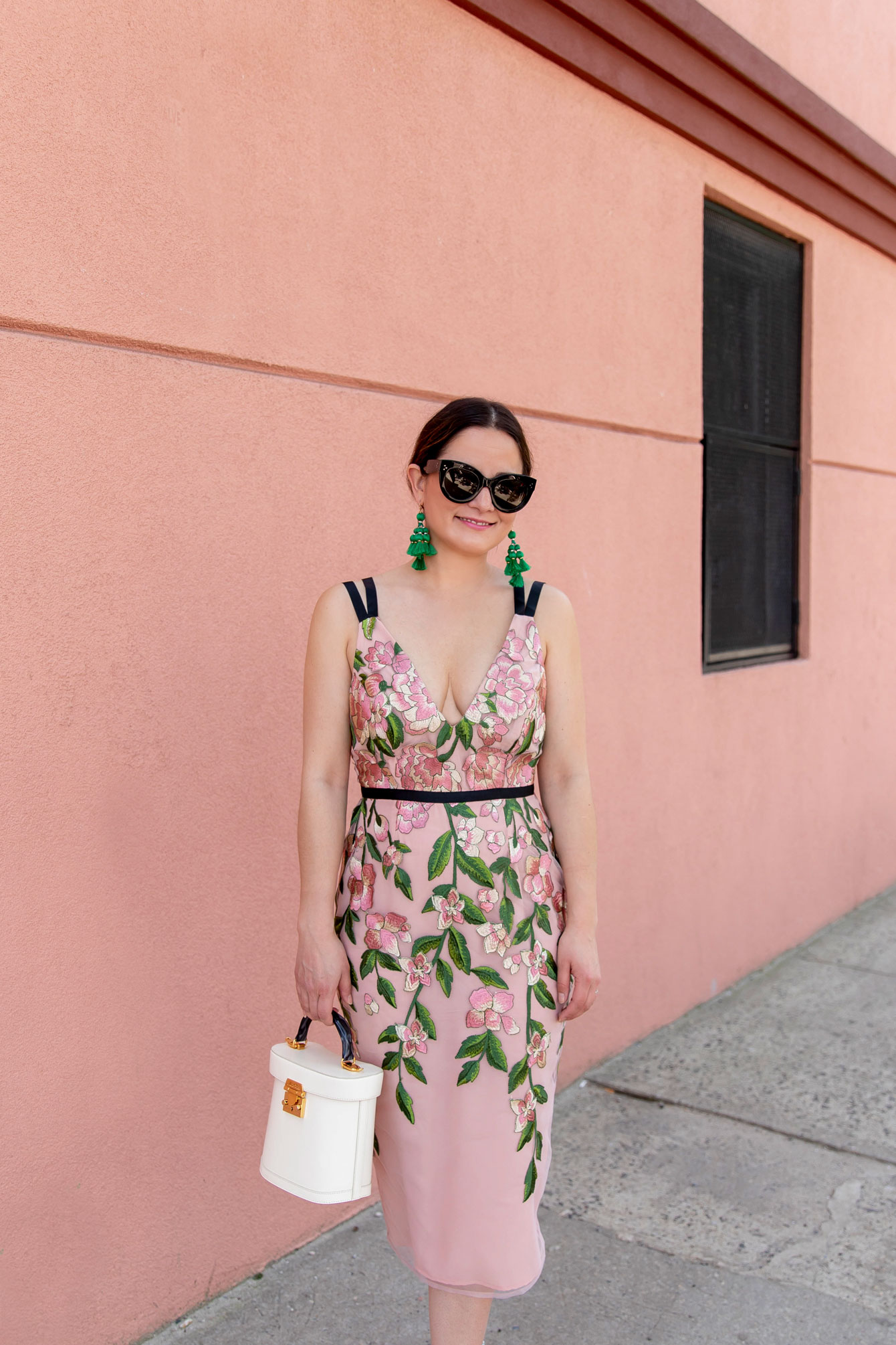 Pink Green Tulle Floral Embroidered Dress