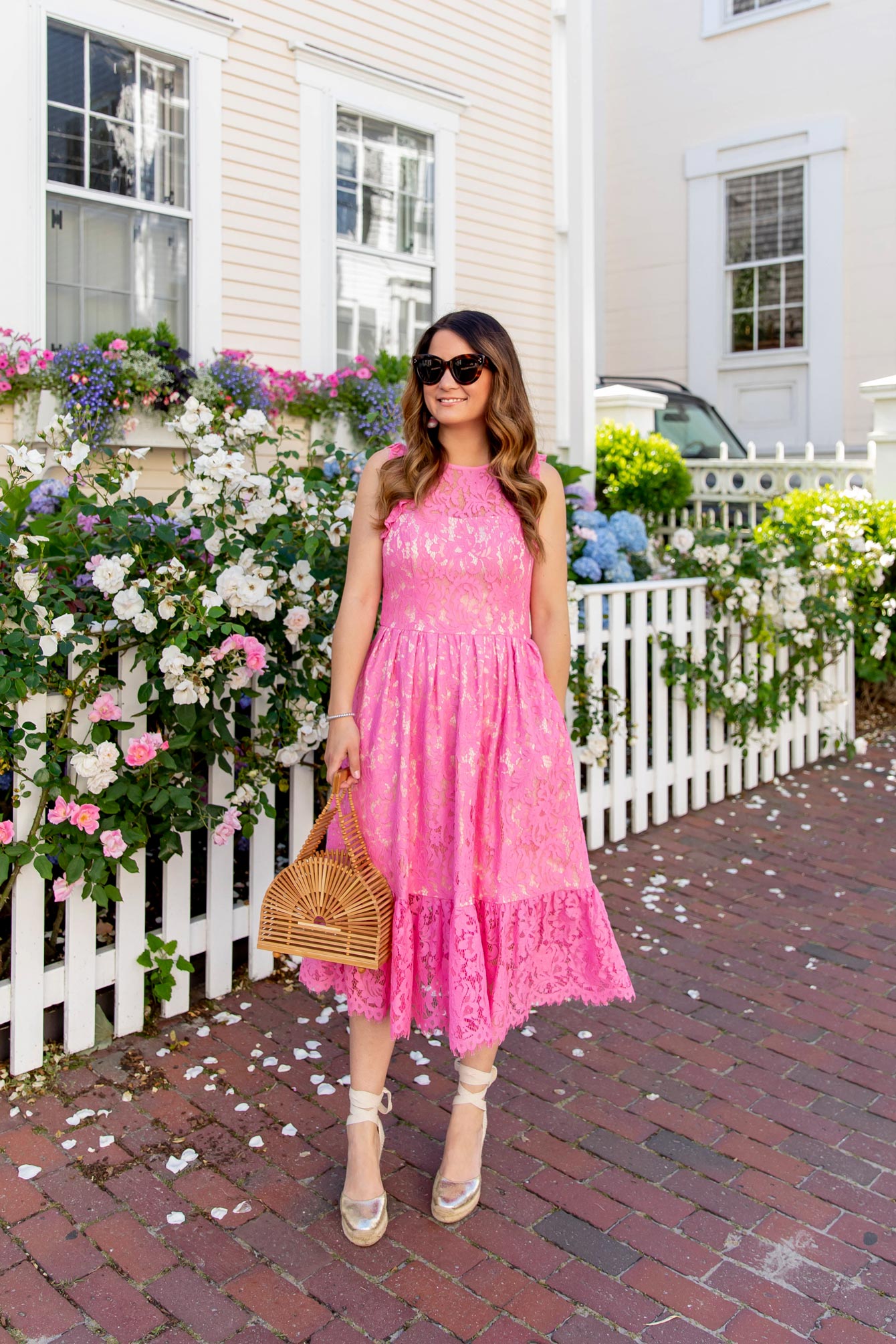 Eliza J Pink Ruffle Lace Midi Dress