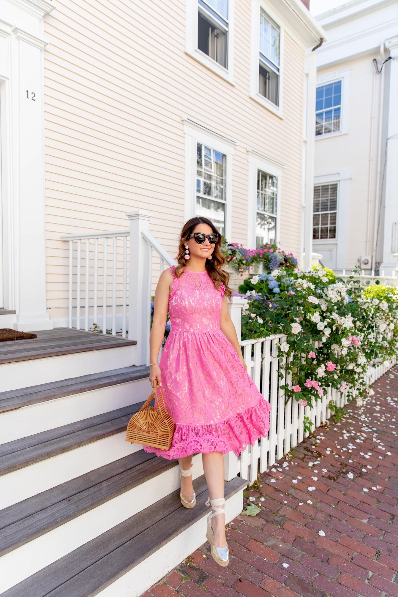 Pink Ruffle Lace Midi Dress