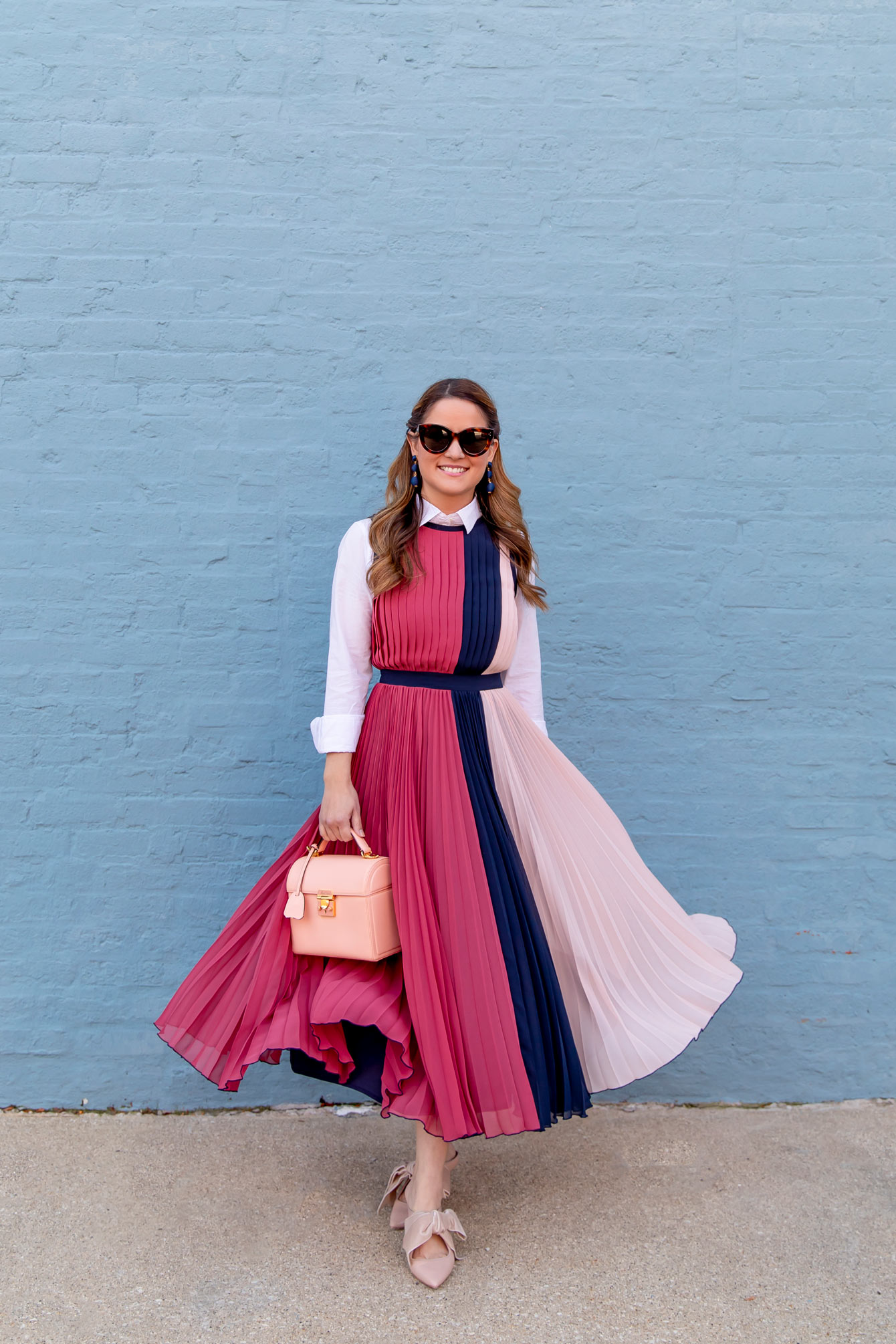 Jennifer Lake Navy Pink Pleated Dress