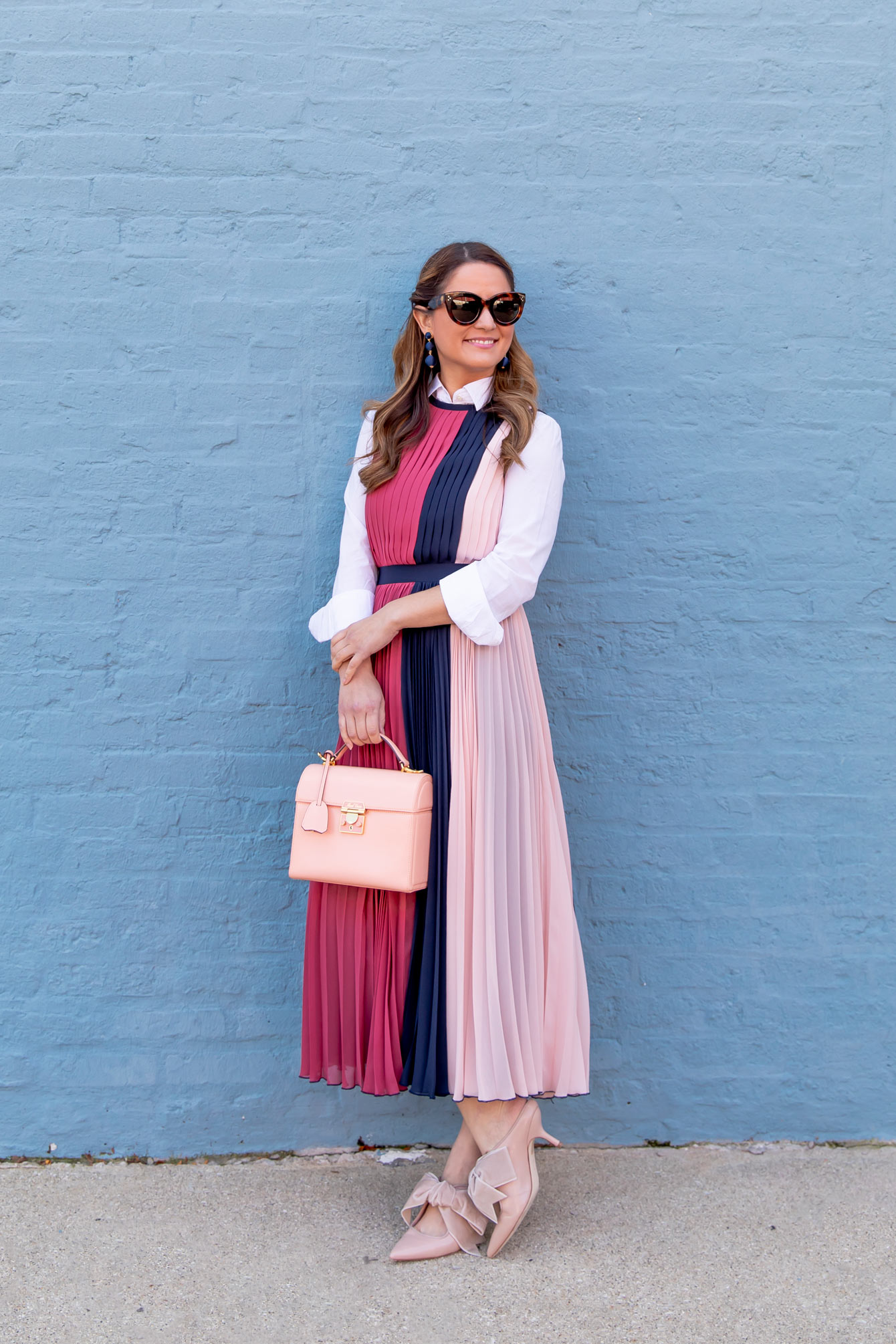 Pink Blue Colorblock Pleated Midi Dress