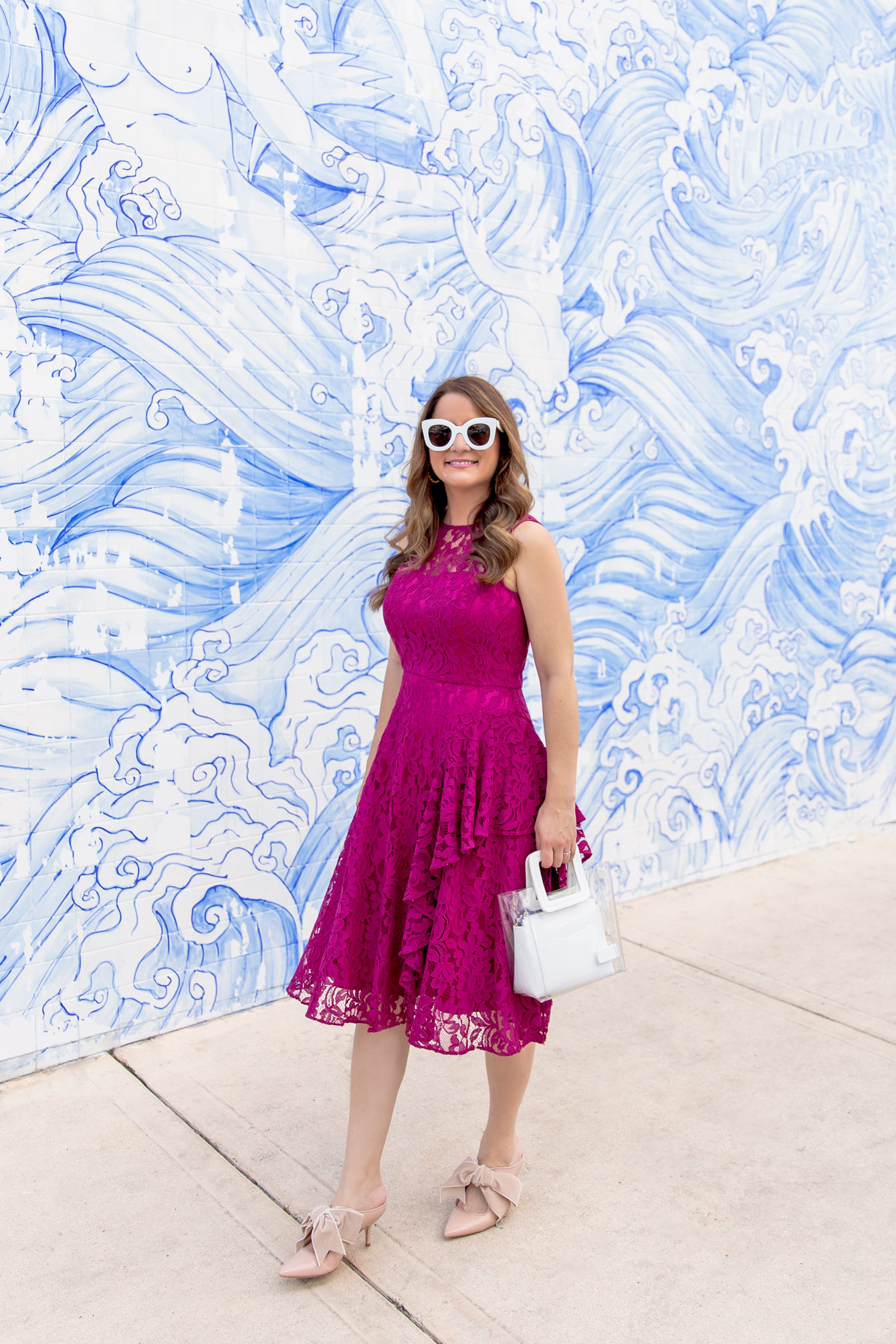 Eliza J Fuchsia Lace Ruffle Dress