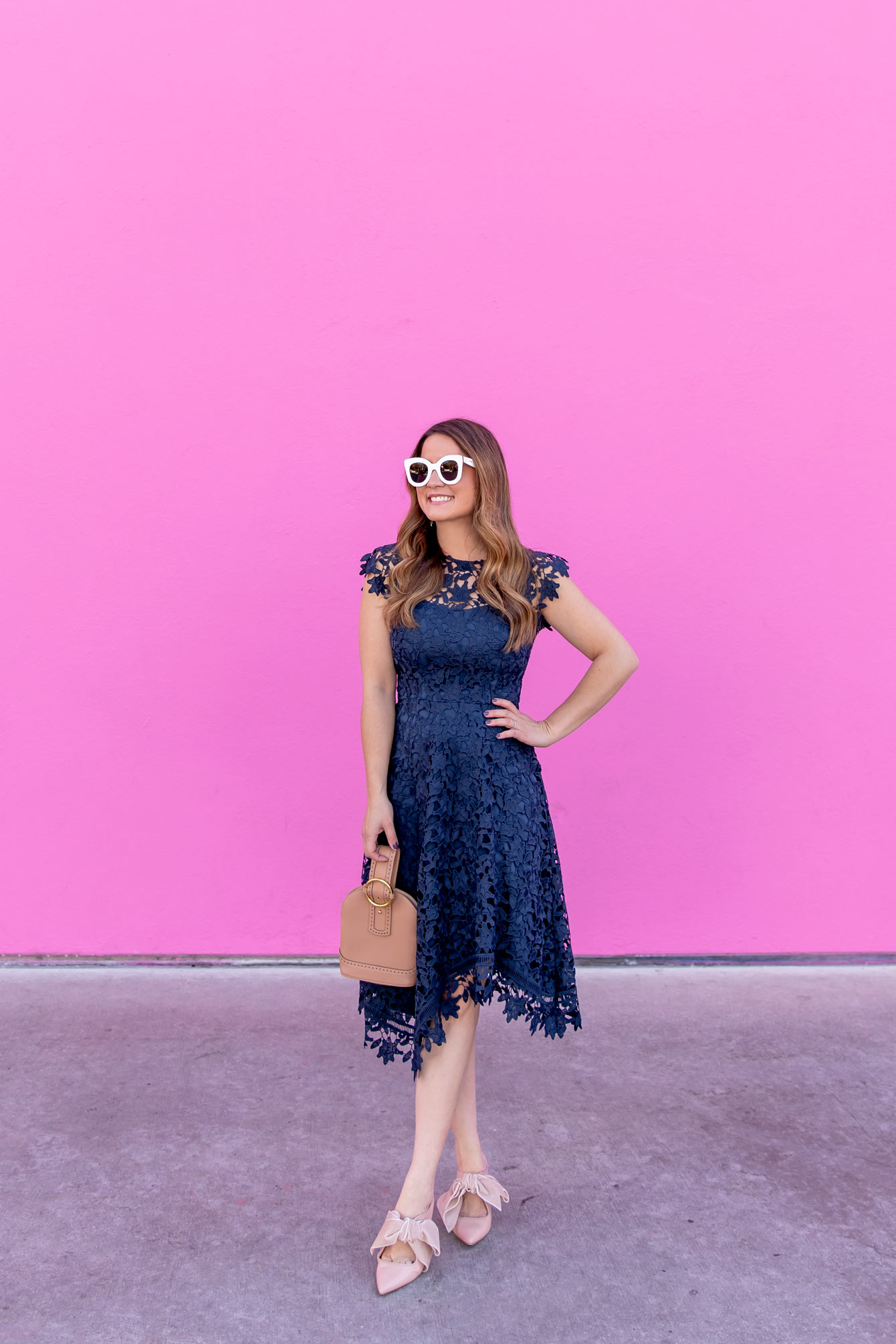 Navy Asymmetrical Lace Dress and Tory Burch Bow Mules - Style Charade