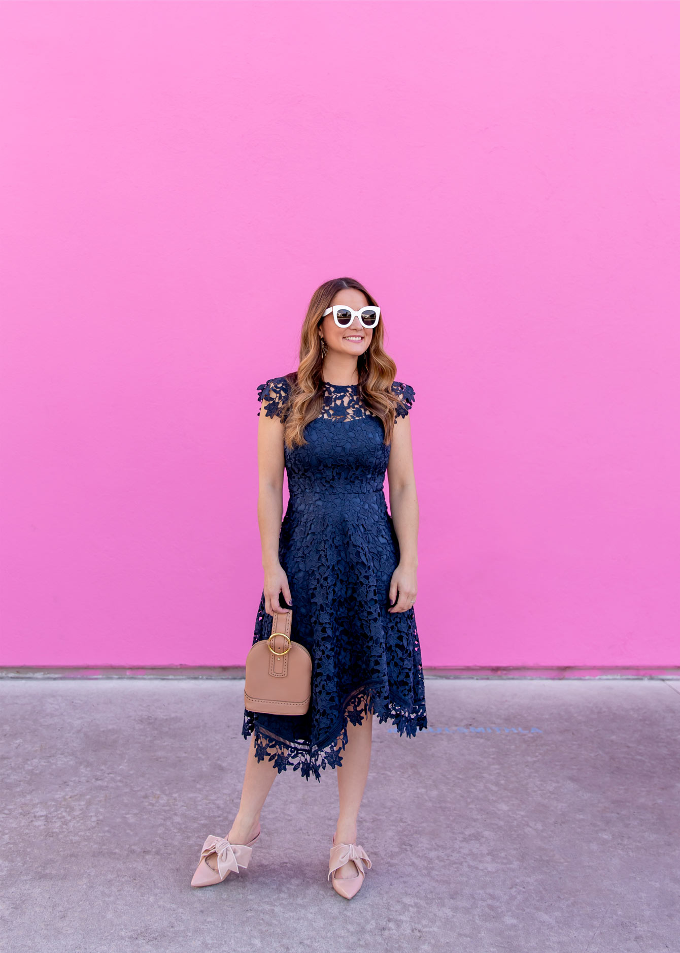 Navy Asymmetrical Lace Dress and Tory Burch Bow Mules - Style Charade