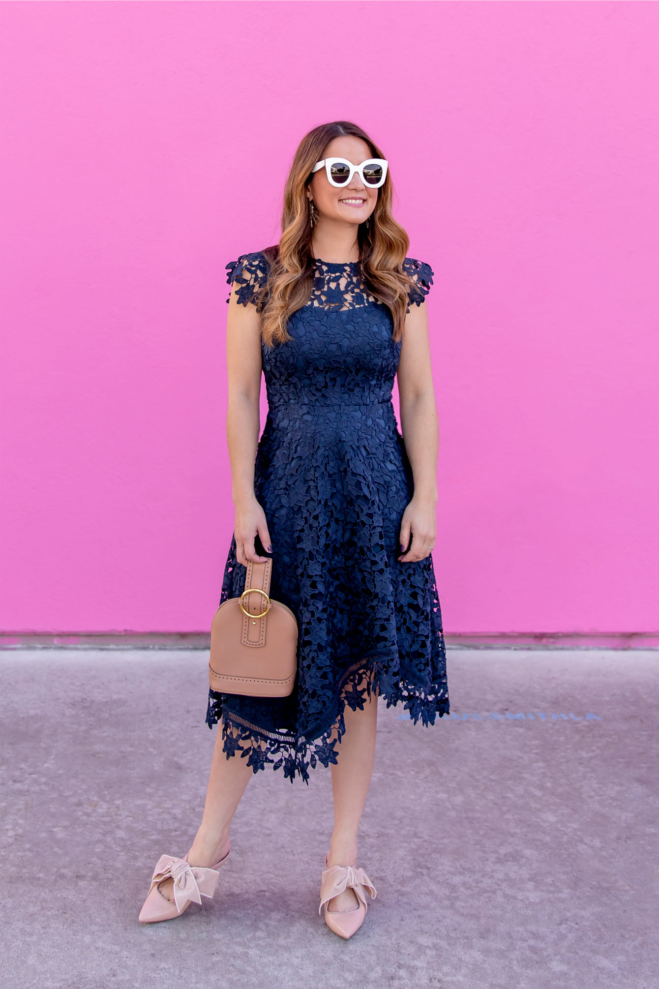 Navy Asymmetrical Lace Dress and Tory Burch Bow Mules - Style Charade