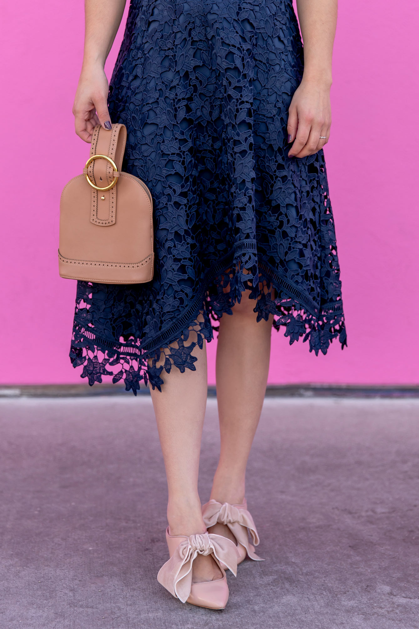 Navy Asymmetrical Lace Dress and Tory Burch Bow Mules - Style Charade