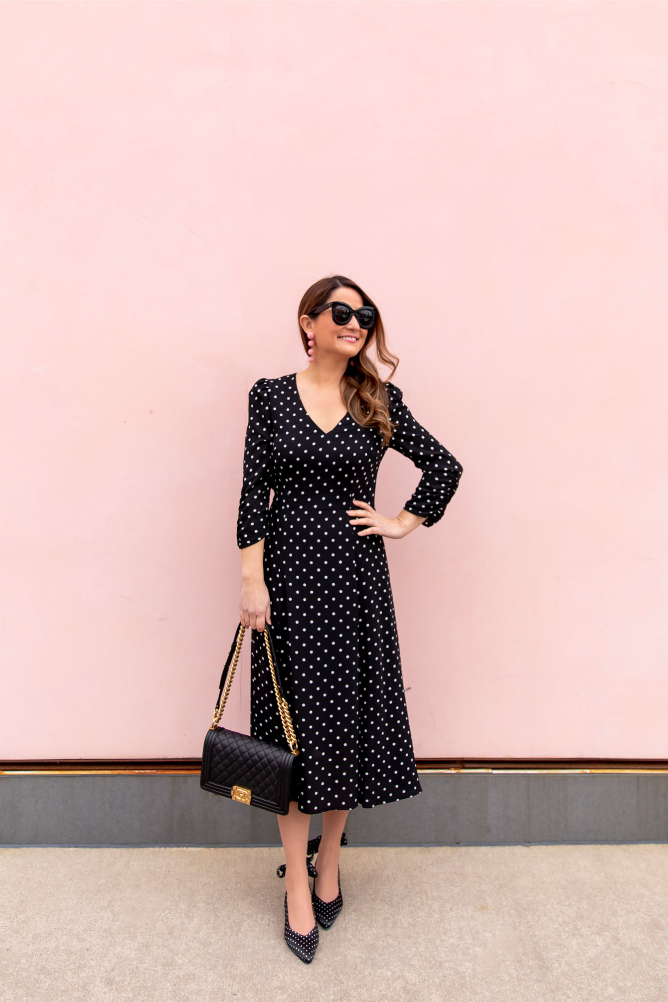 Long Sleeve Polka Dot Midi Dress ...