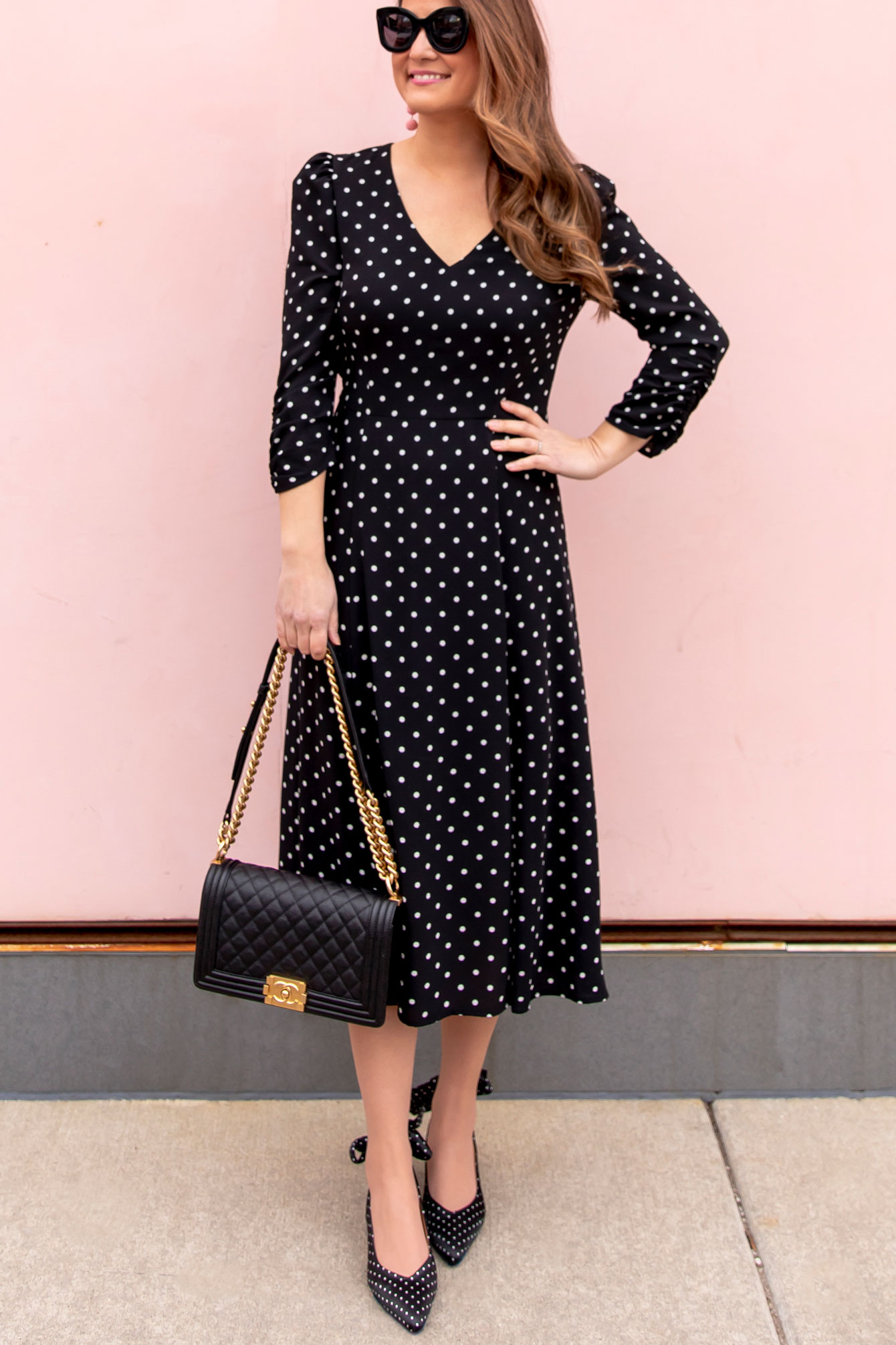 Long Sleeve Polka Dot Midi Dress