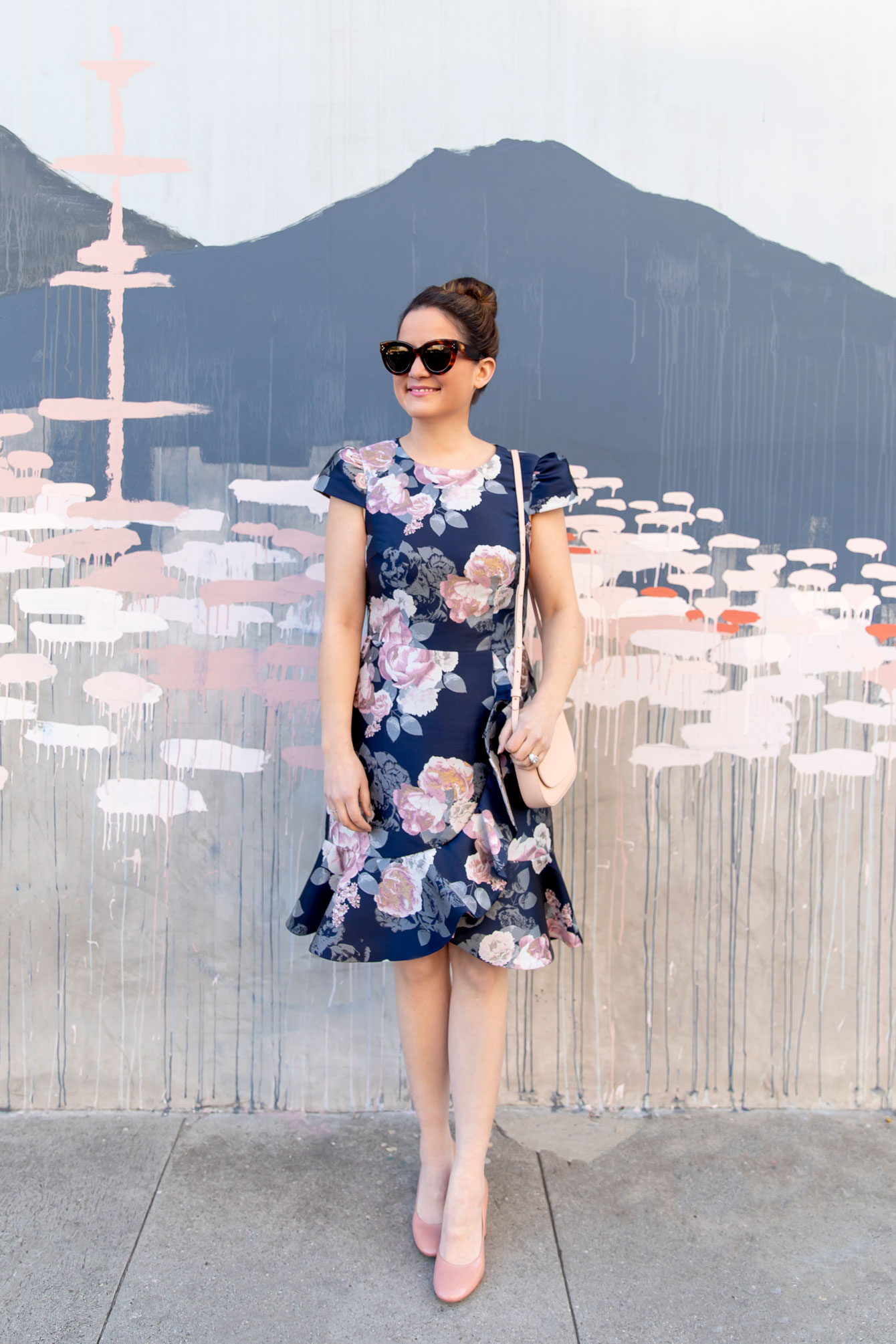 Eliza J Navy Pink Floral Brocade Dress