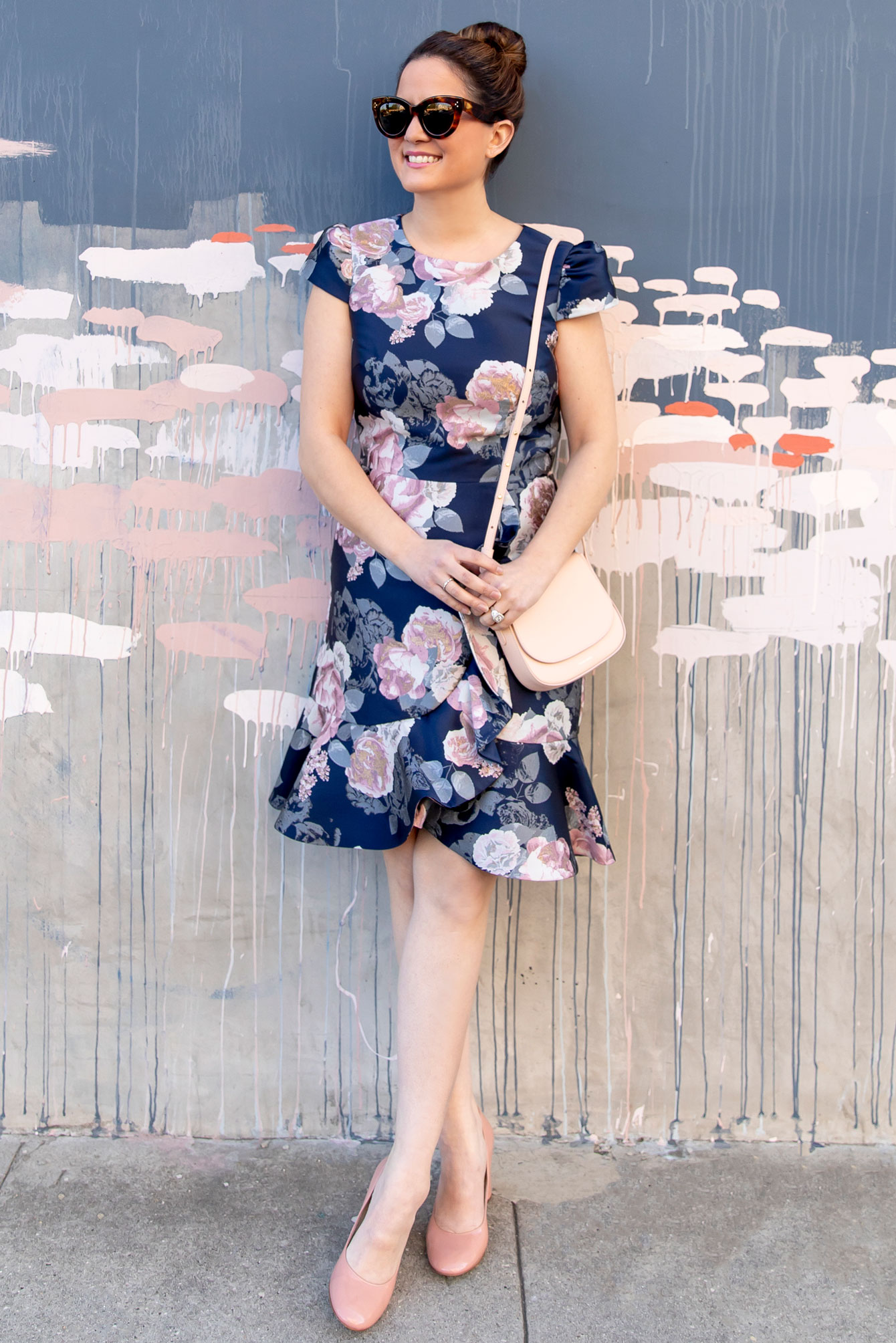 Navy Floral Ruffle Trim Dress