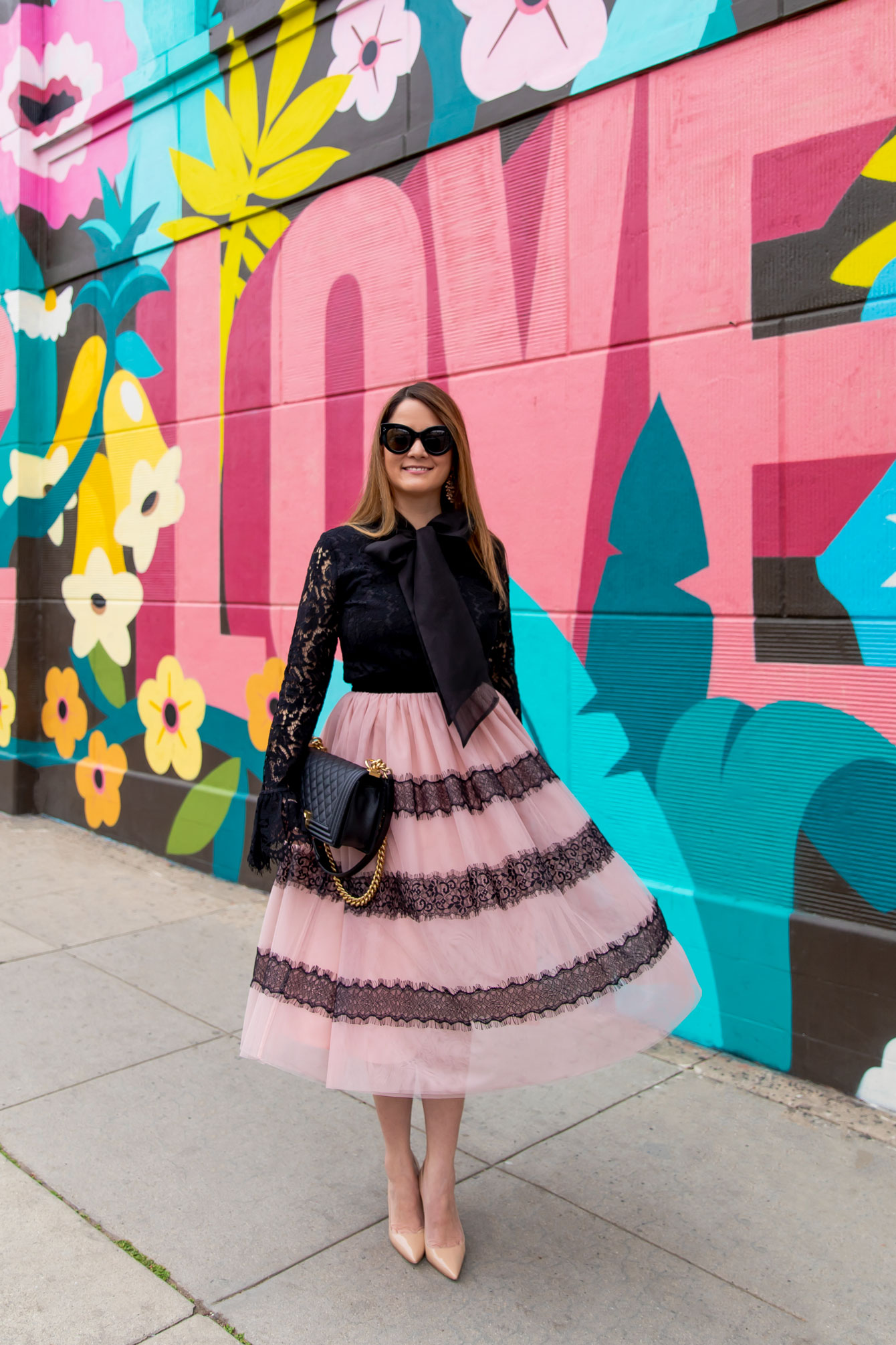 Pink Black Lace Tulle Midi Skirt