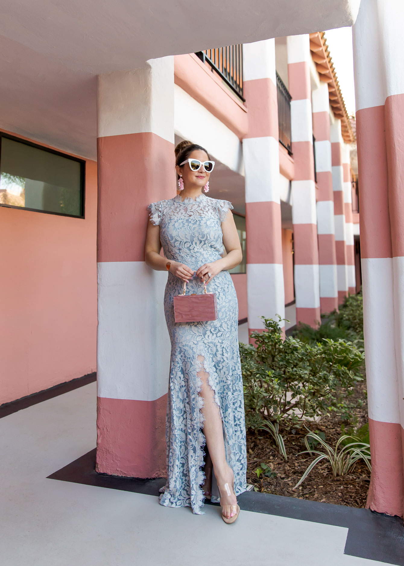 Eliza J Blue Lace Evening Dress and Pink Clutch - Style Charade