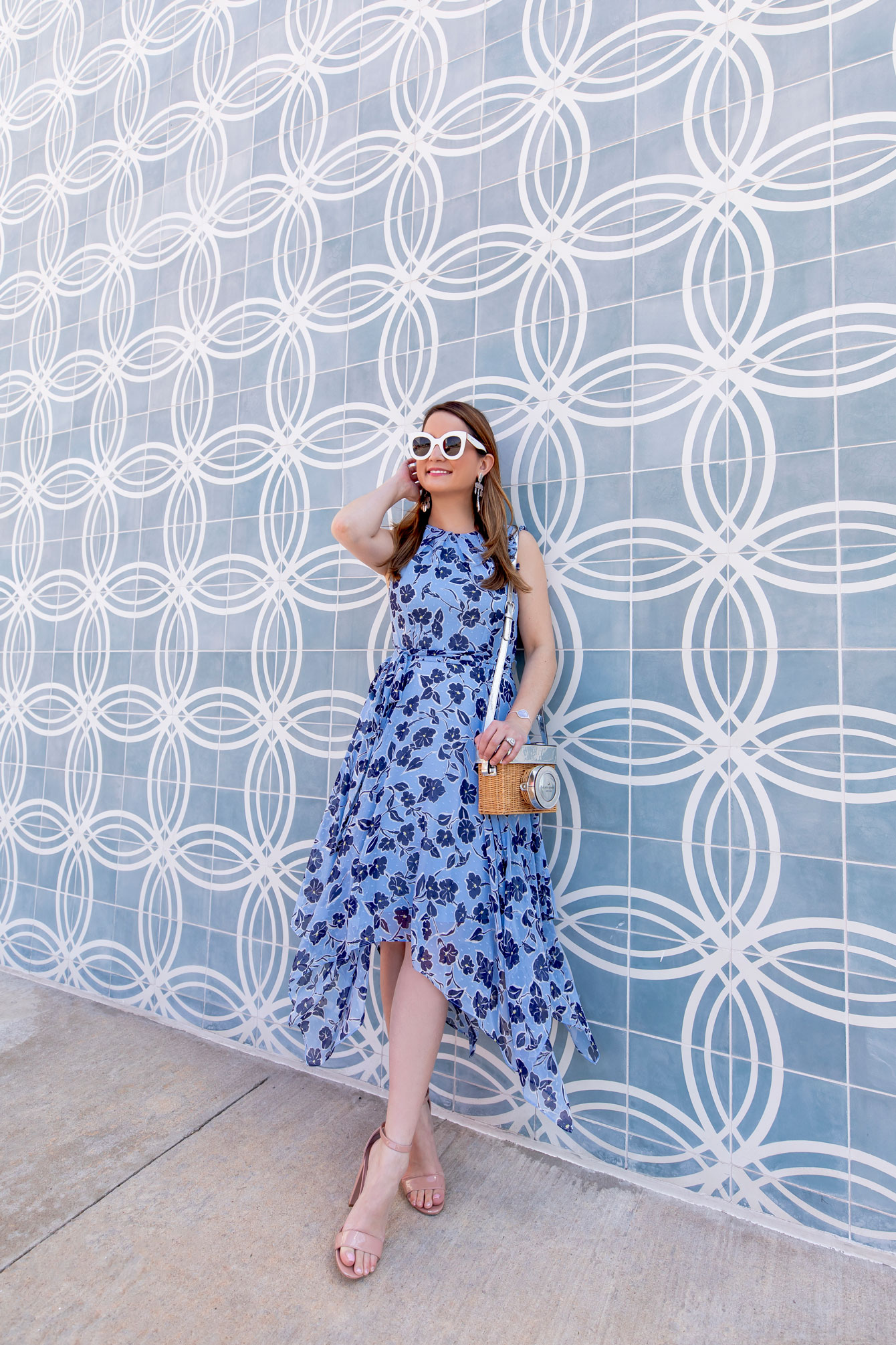 Blue Floral Handkerchief Hem Dress