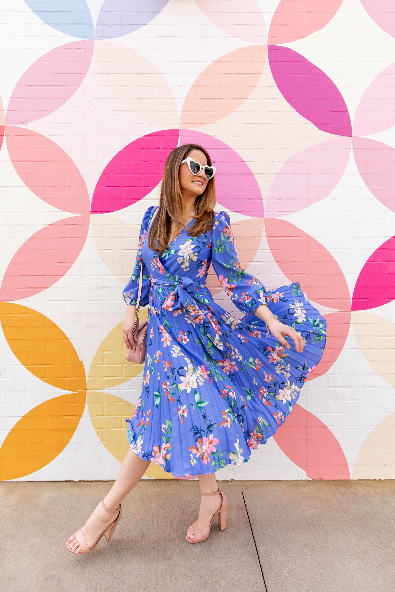 Jennifer Lake Blue Floral Pleated Wrap Dress