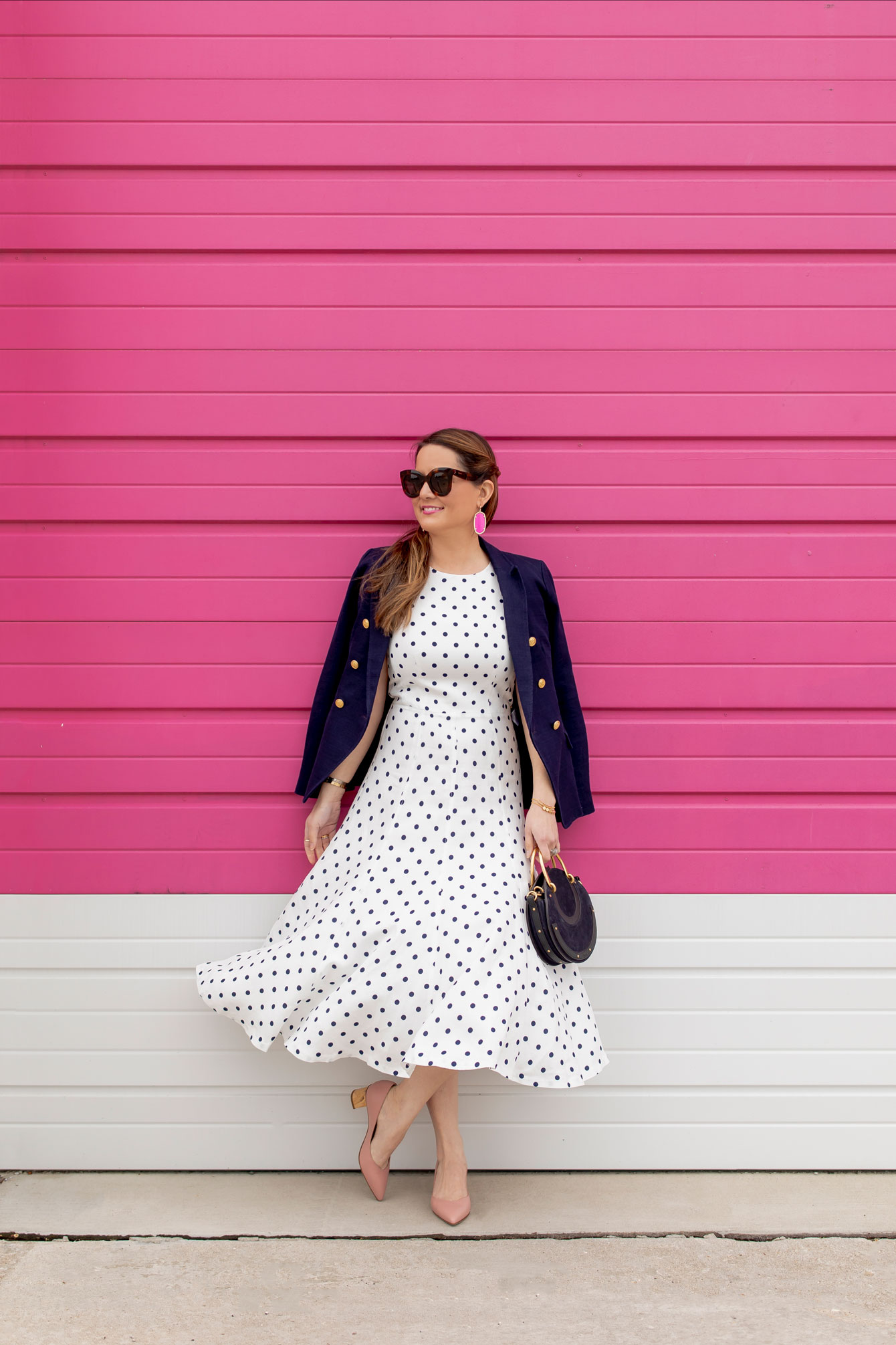 Jennifer Lake Eliza J Navy Polka Dot Dress