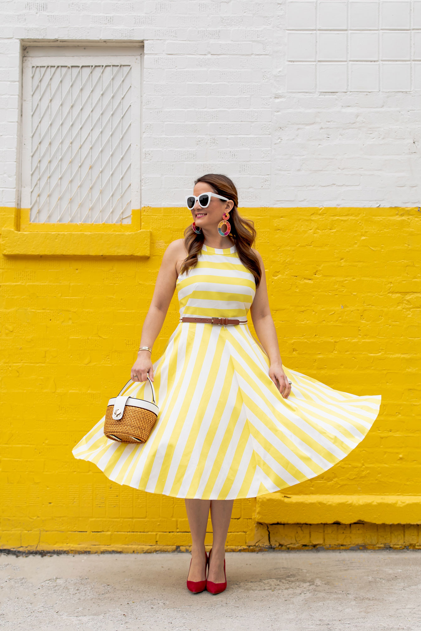 Yellow White Stripe Fit Flare Dress