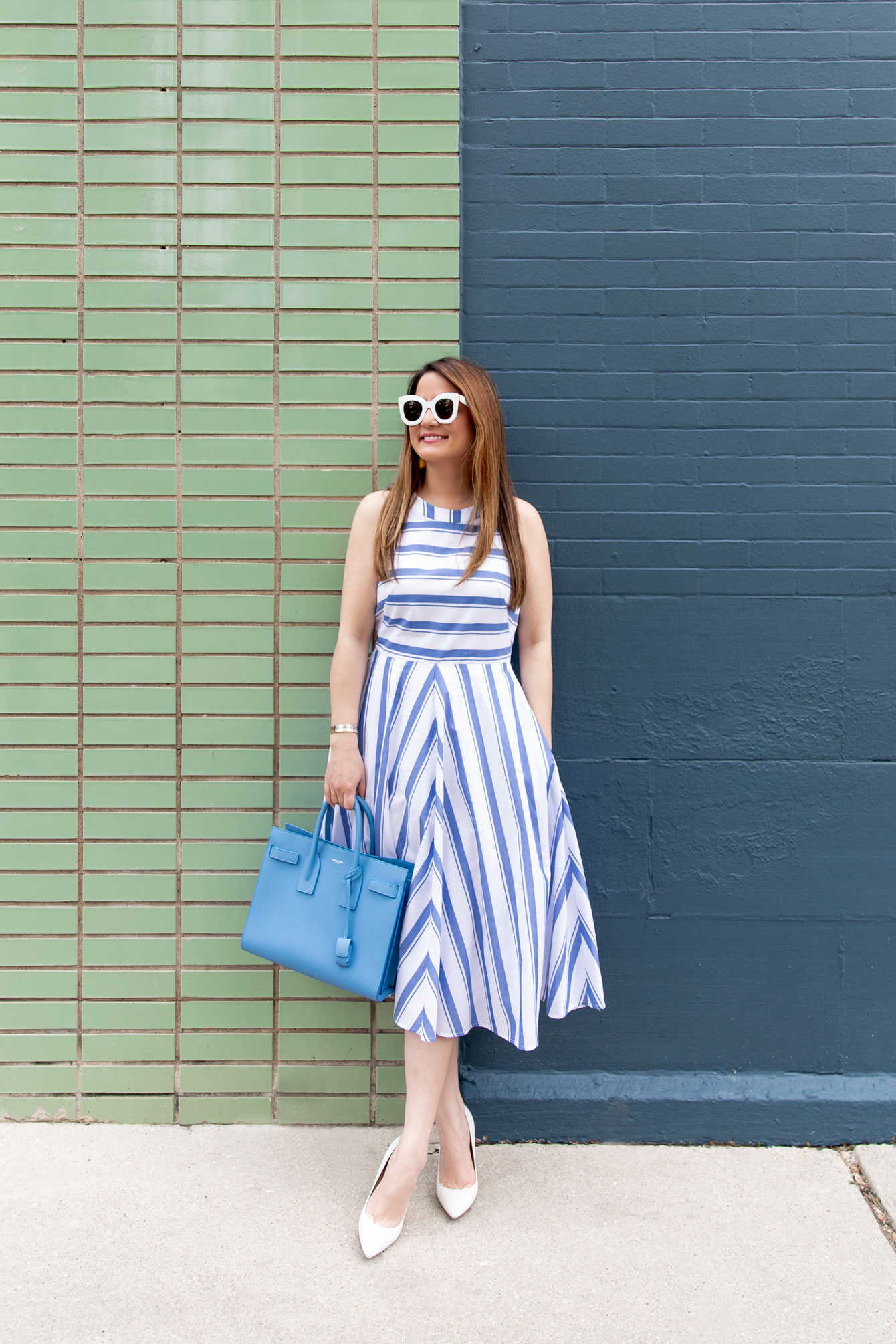 Eliza J Blue Stripe Halter Flare Dress - Style Charade