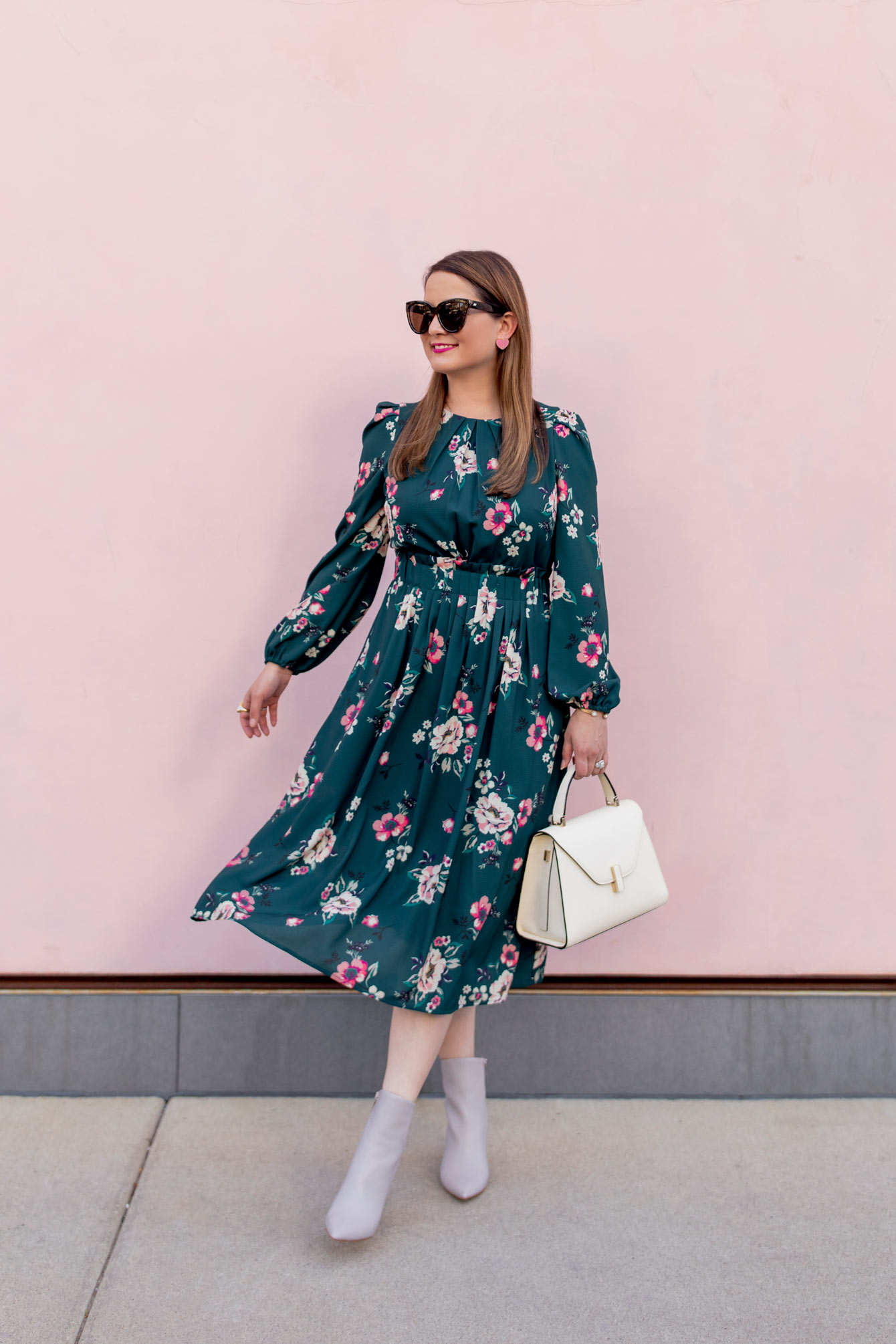 Eliza J Green Floral Pleated Midi Dress