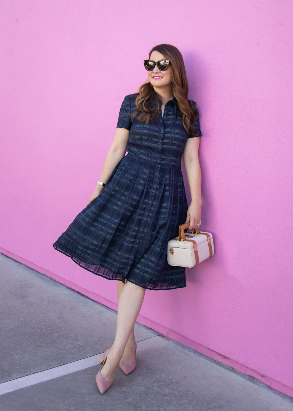 Gal Meets Glam Navy Plaid Shirtdress