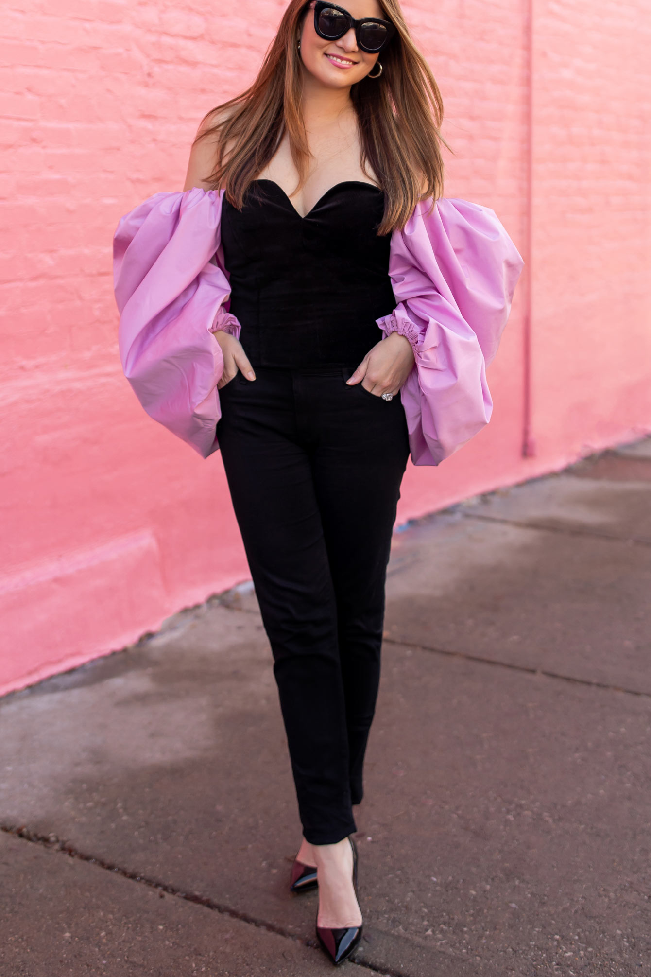 Verleiden Hassy storting Zara Black Velvet Pink Statement Sleeve Top - Style Charade