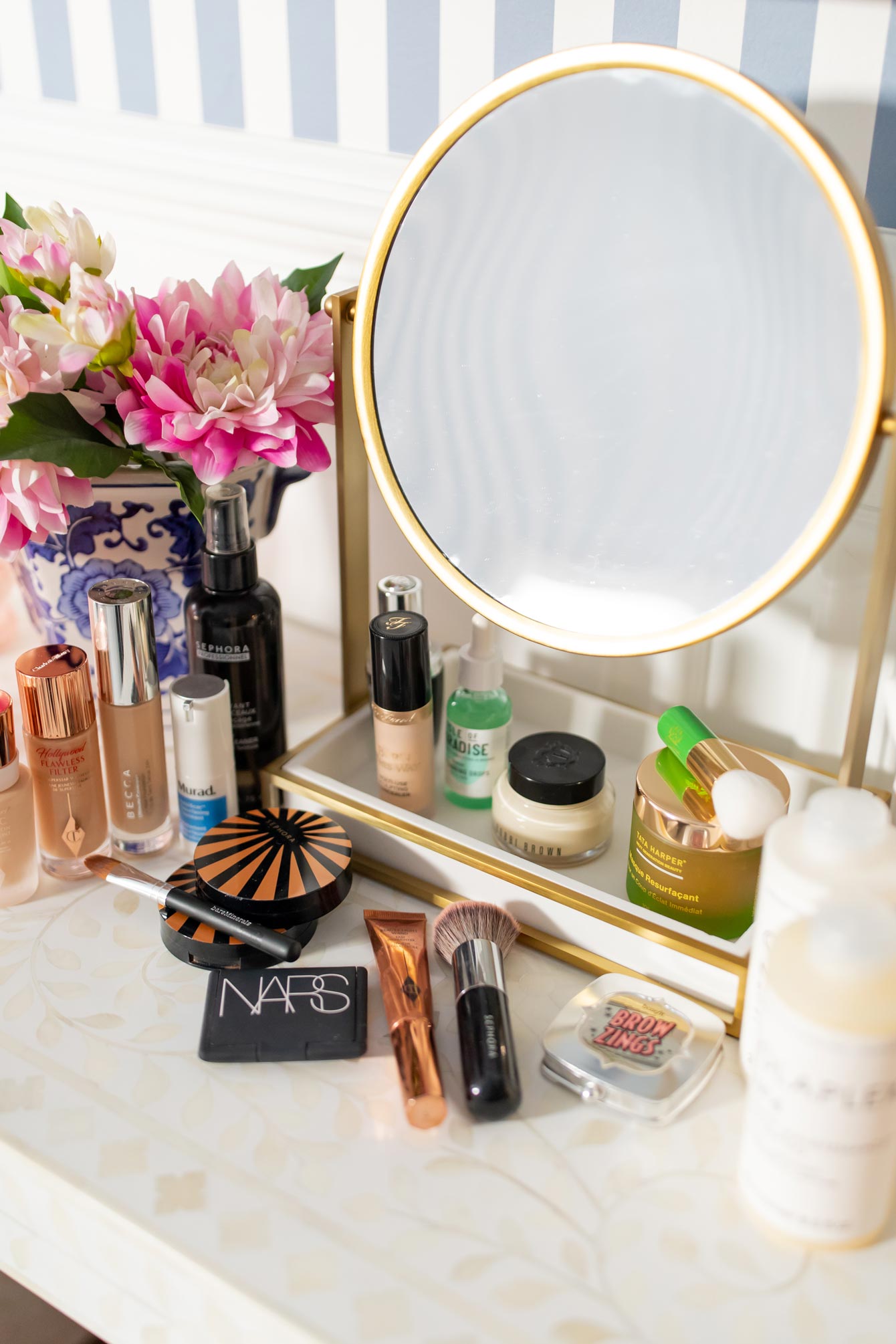 makeup products in vanity