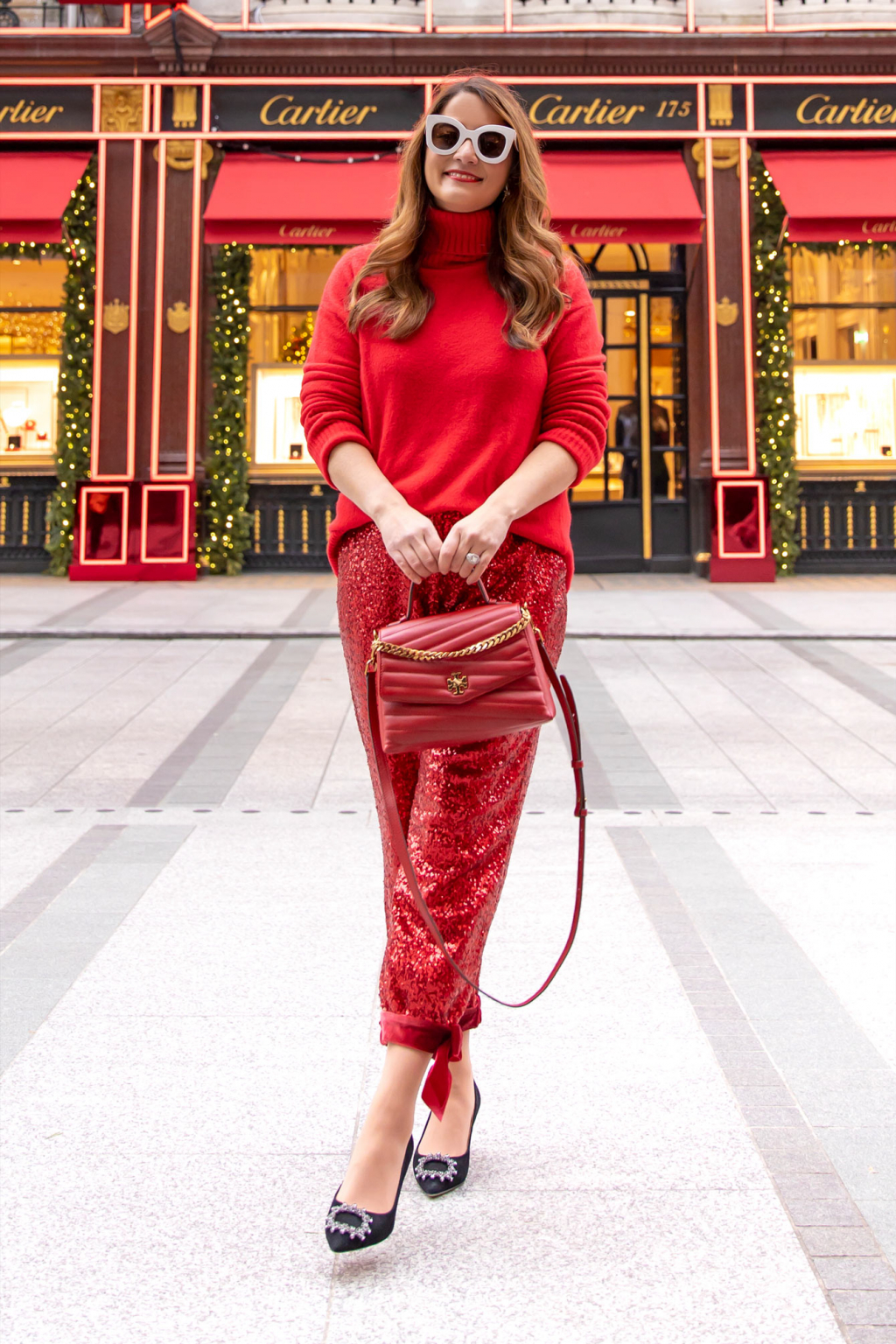 red sequin pants