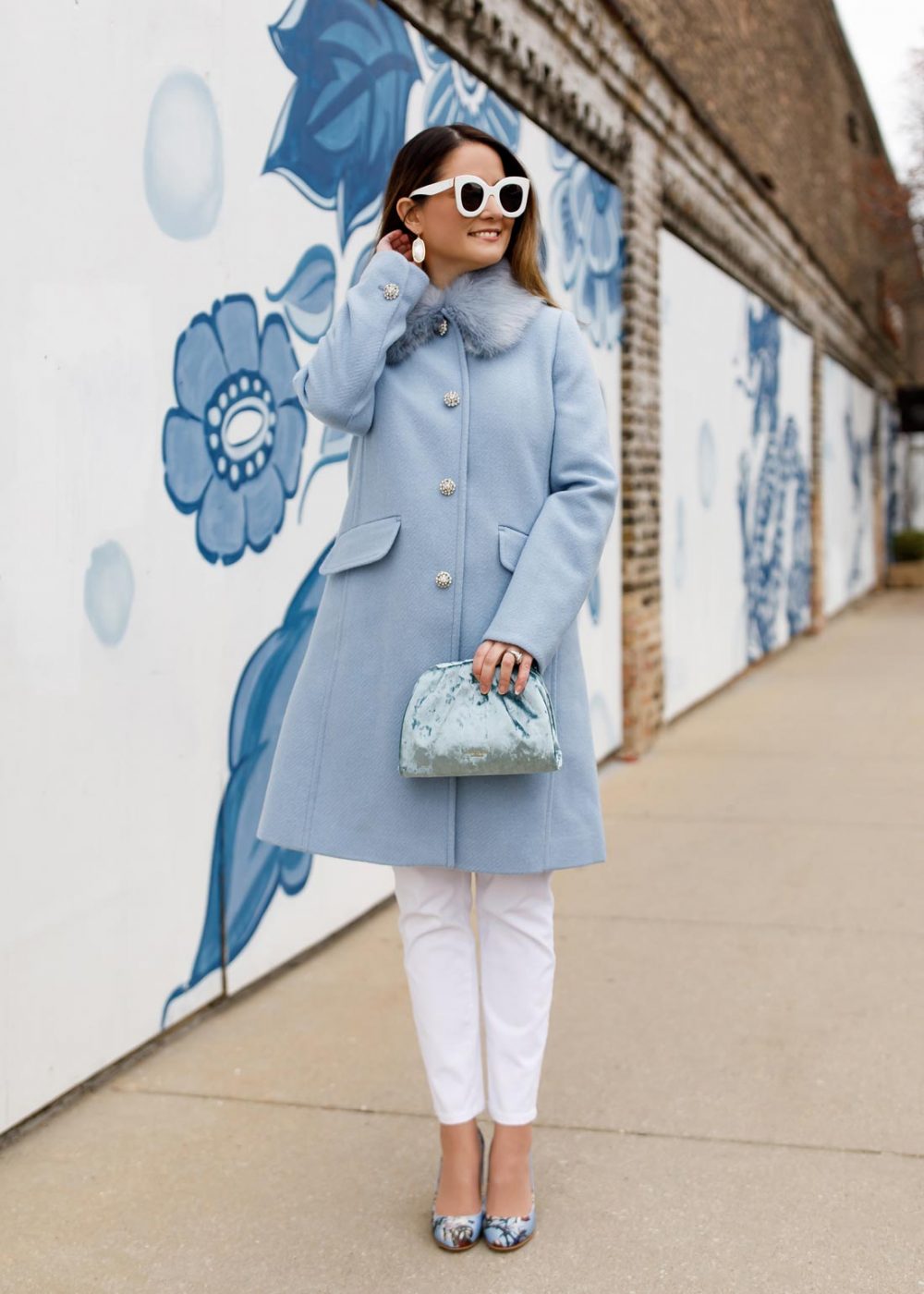 Kate Spade Blue Faux Fur Collar Coat