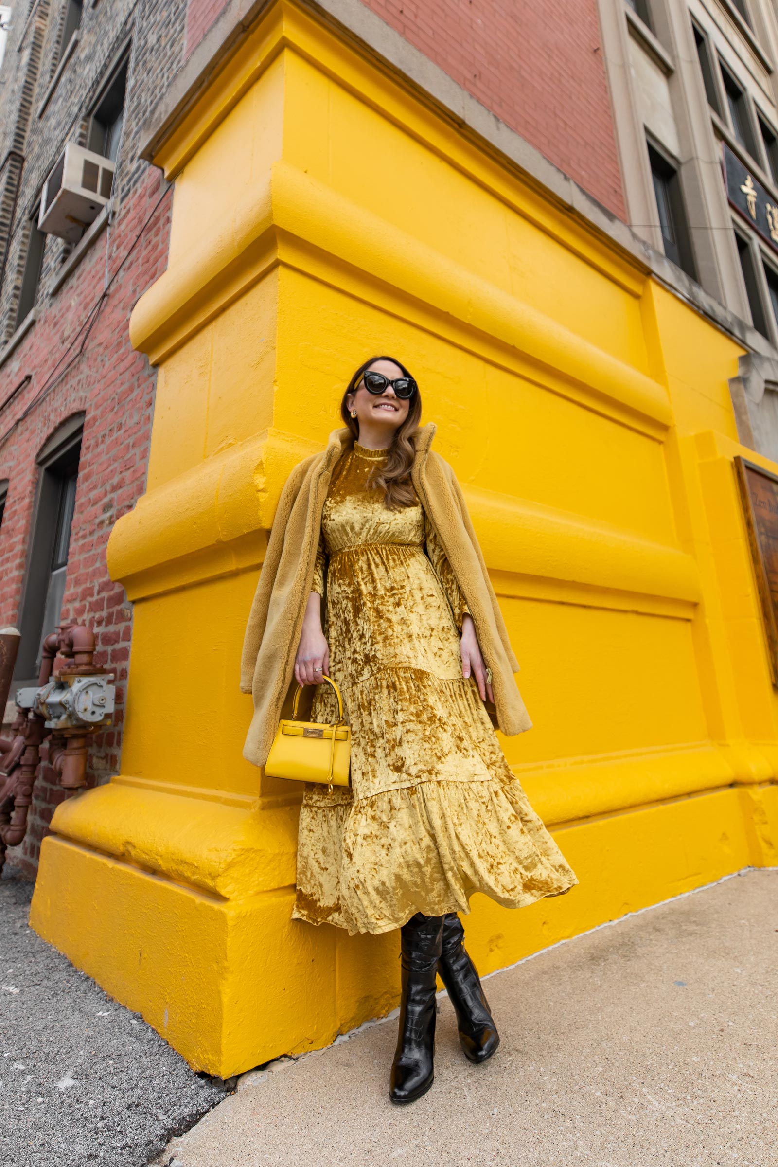 Yellow Tiered Velvet Dress