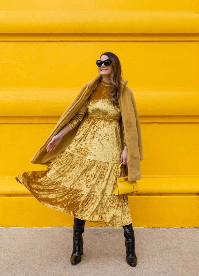 Yellow Velvet Midi Dress