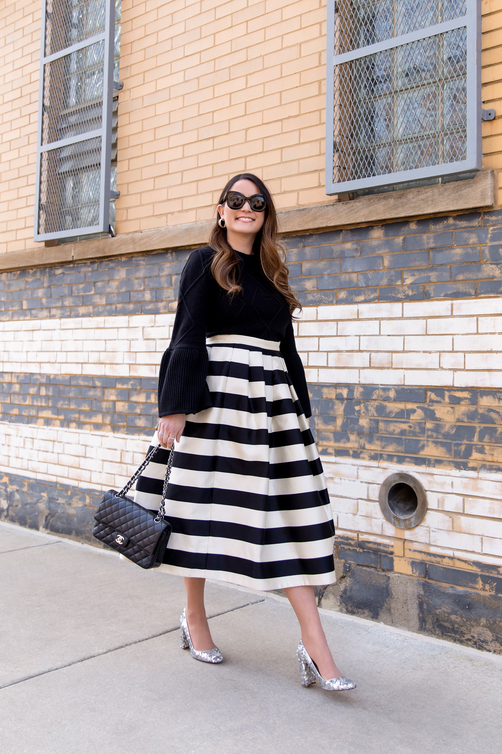 Black White Pleated Midi Skirt