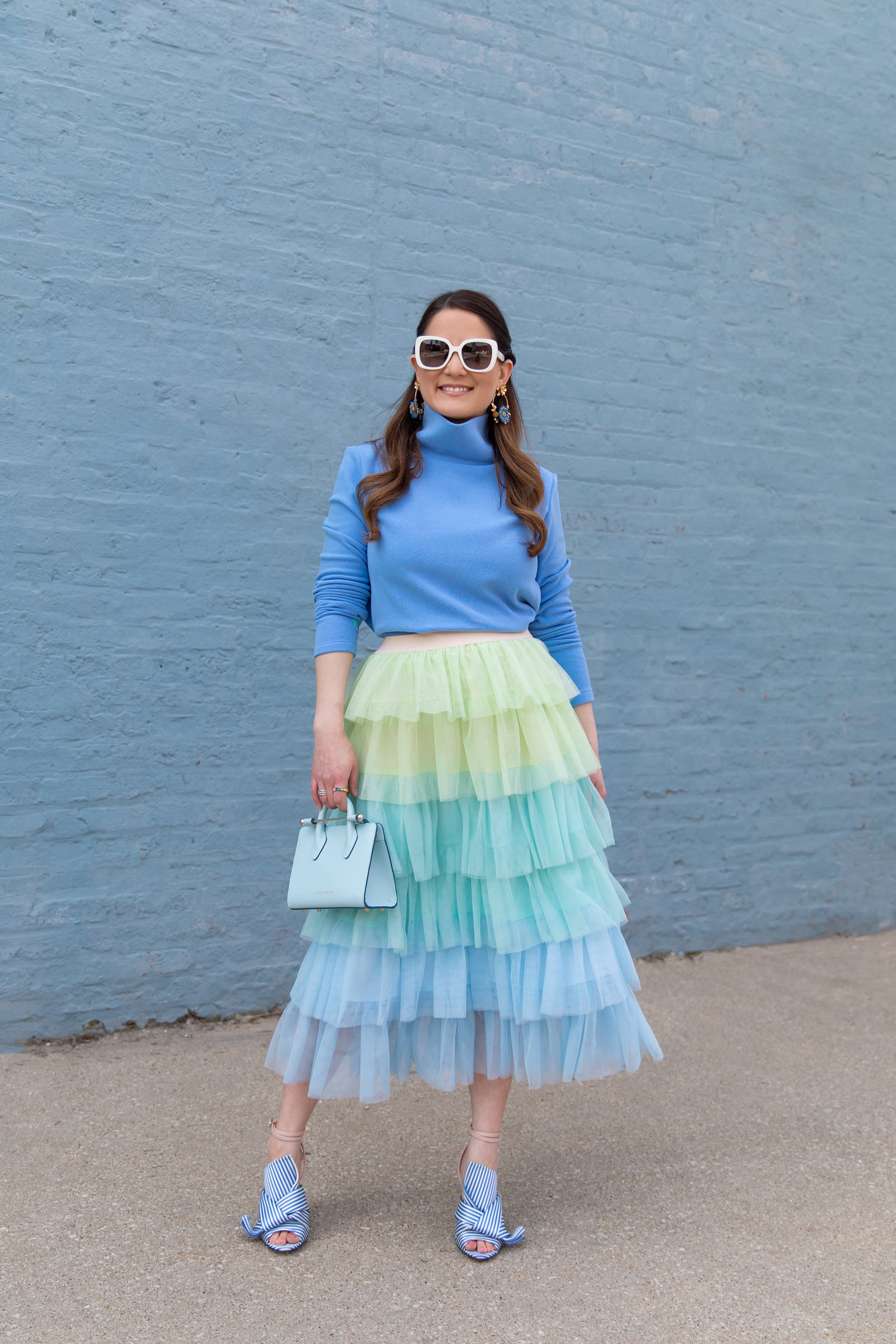 Blue Tiered Tulle Midi Skirt