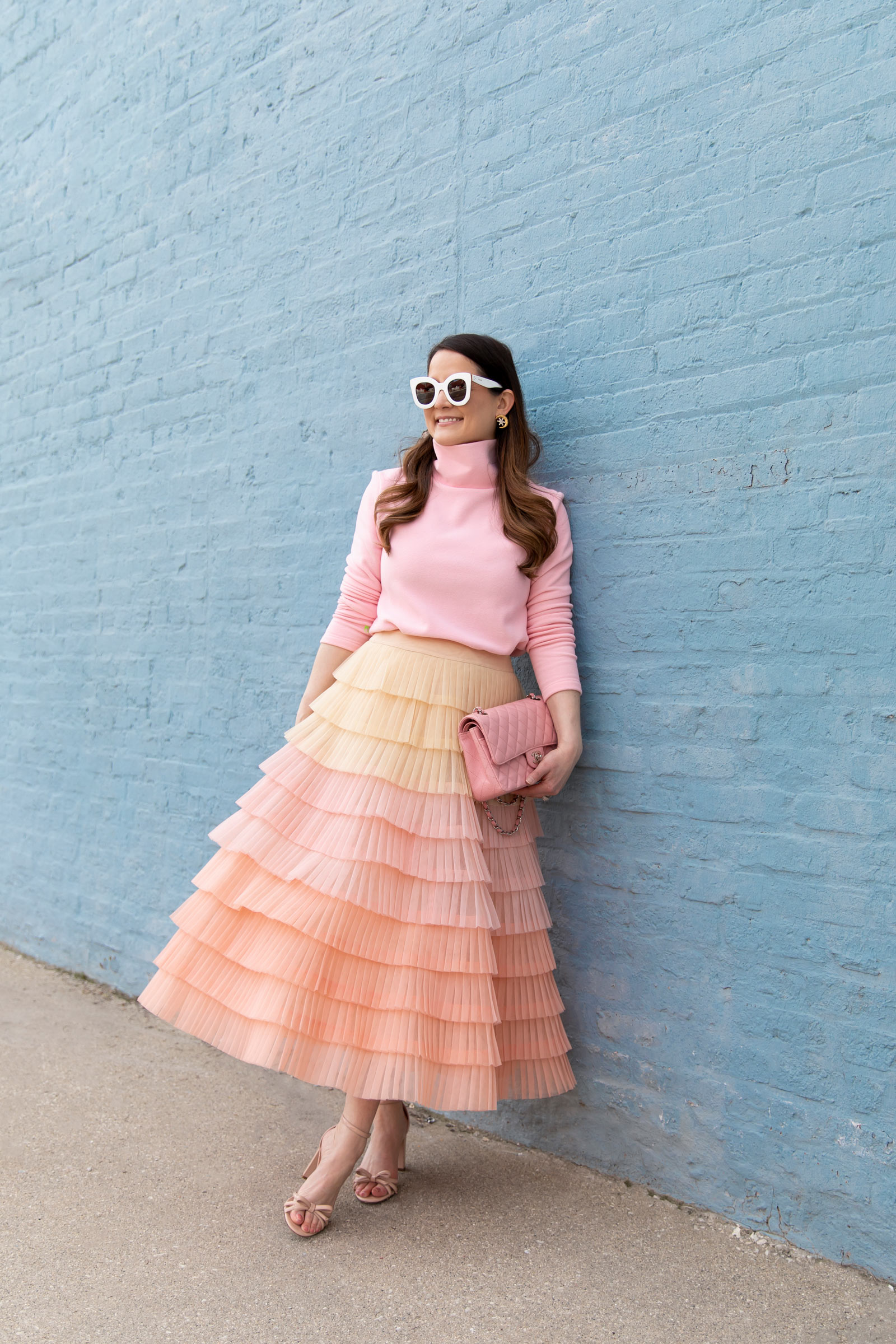 Blush Pink Pleated Tulle Tiered Midi Skirt