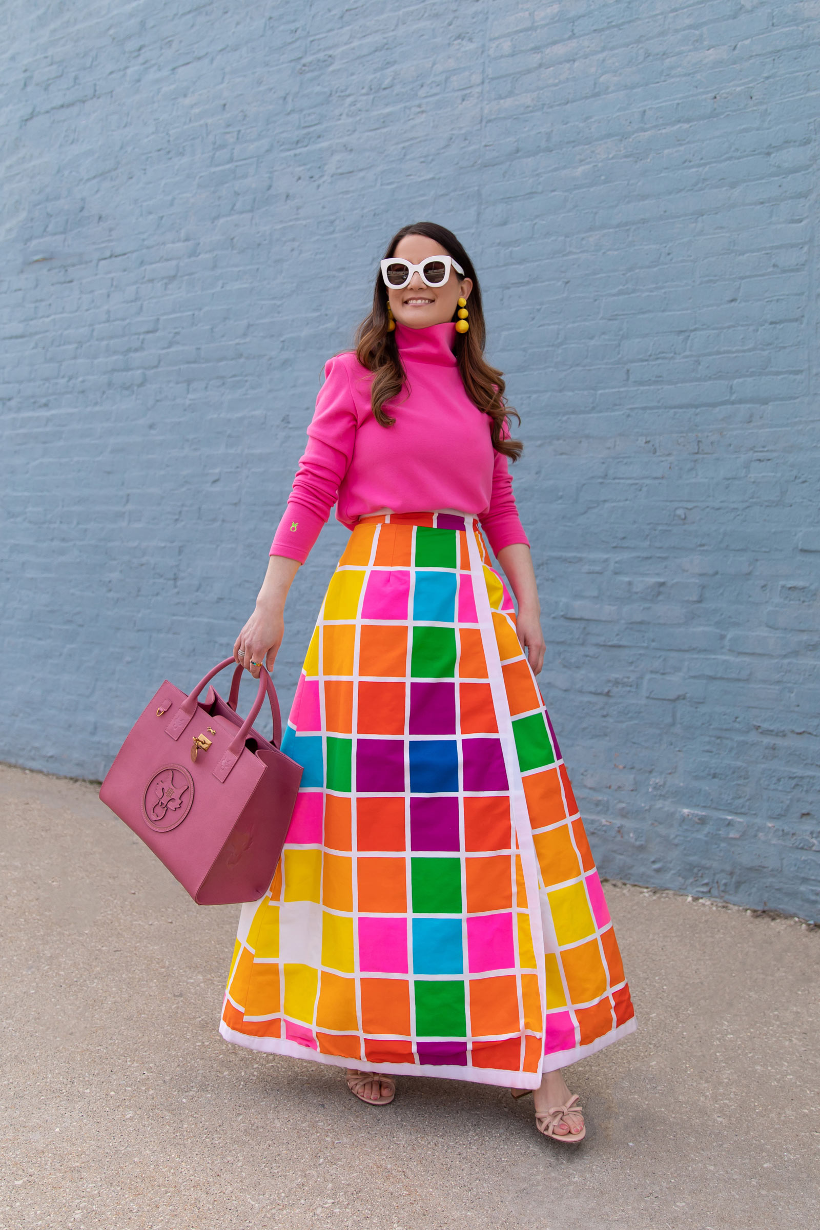 Pink Turtleneck + Green Velvet Skirt Outfit - The Charming Detroiter